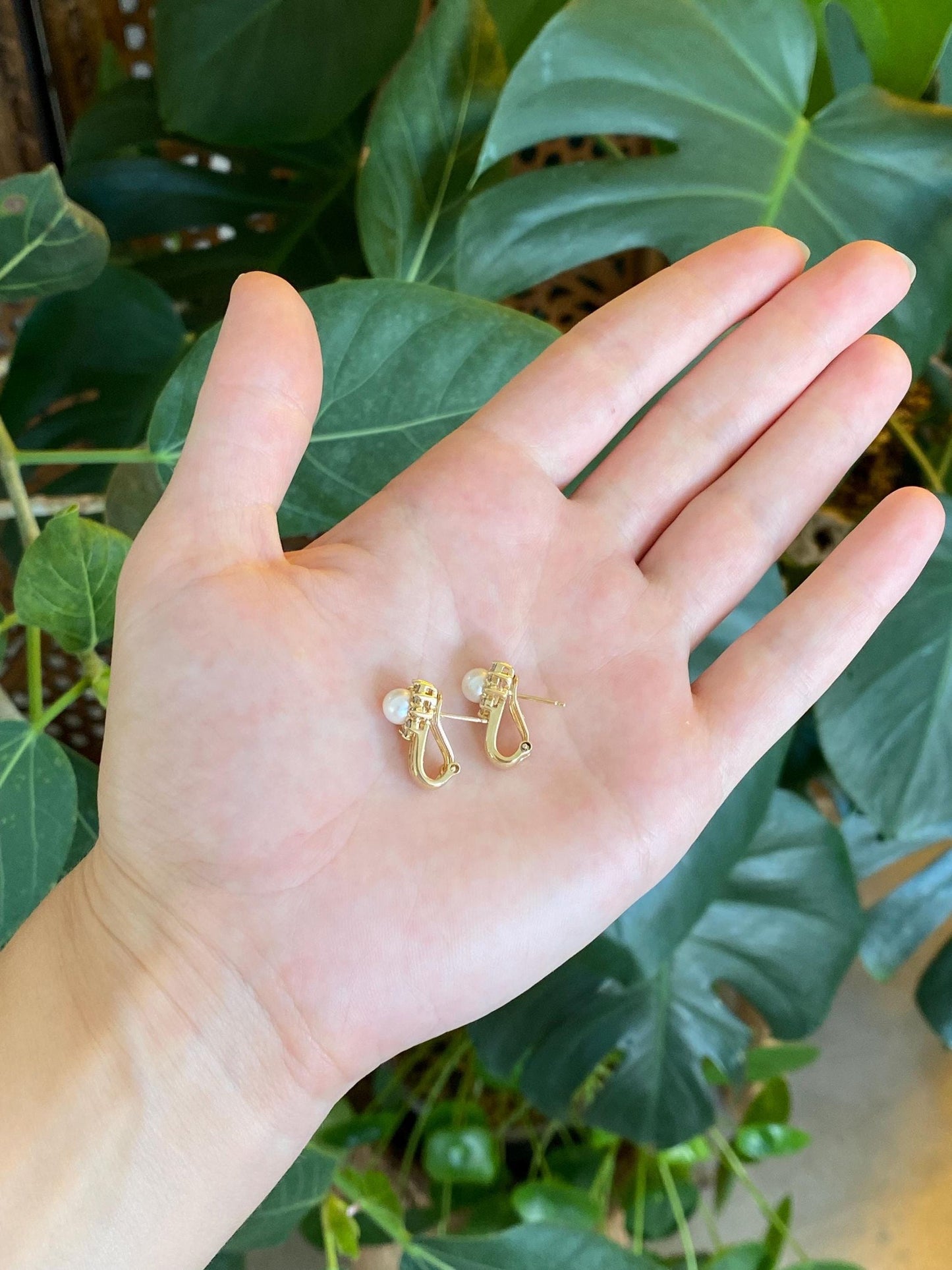 Vintage Solid 14k Yellow Gold Diamond Halo Pearl Drop Earrings