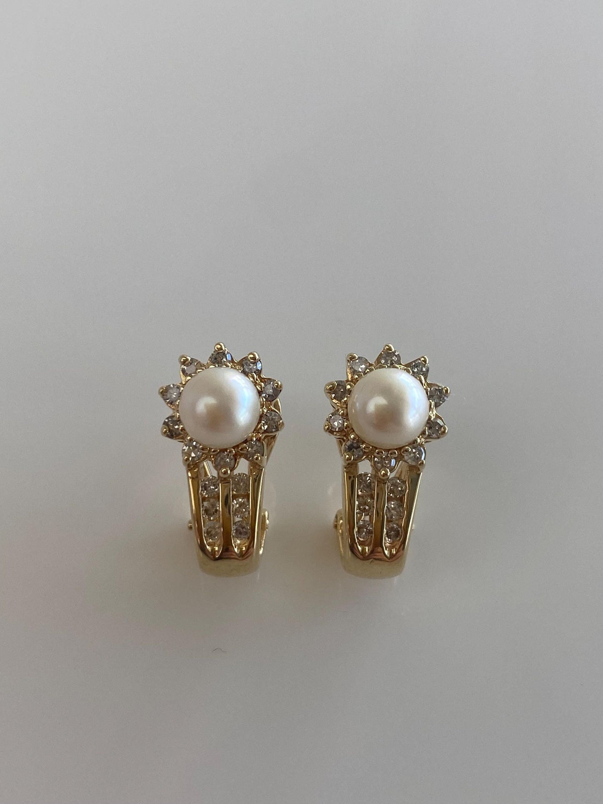 Vintage Solid 14k Yellow Gold Diamond Halo Pearl Drop Earrings