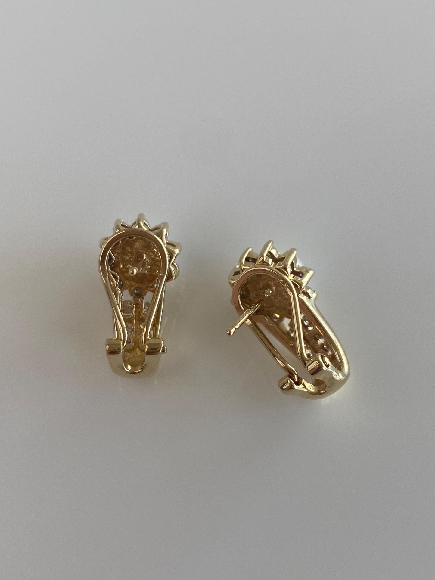 Vintage Solid 14k Yellow Gold Diamond Halo Pearl Drop Earrings