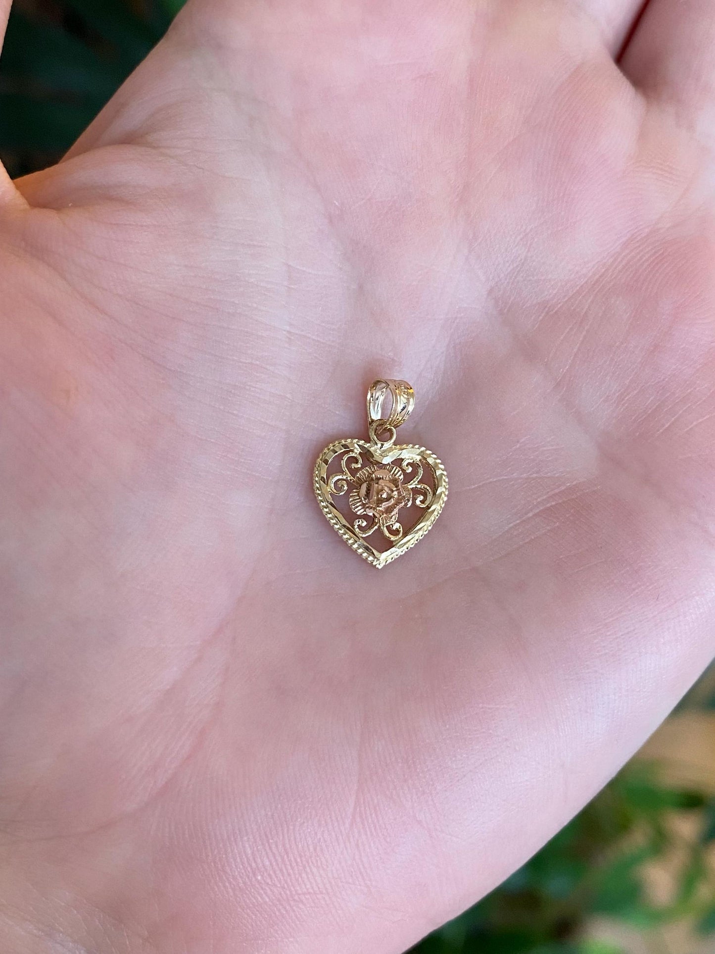 Vintage Solid 14k Rose & Yellow Gold Diamond Cut Open Work Rose Heart Charm