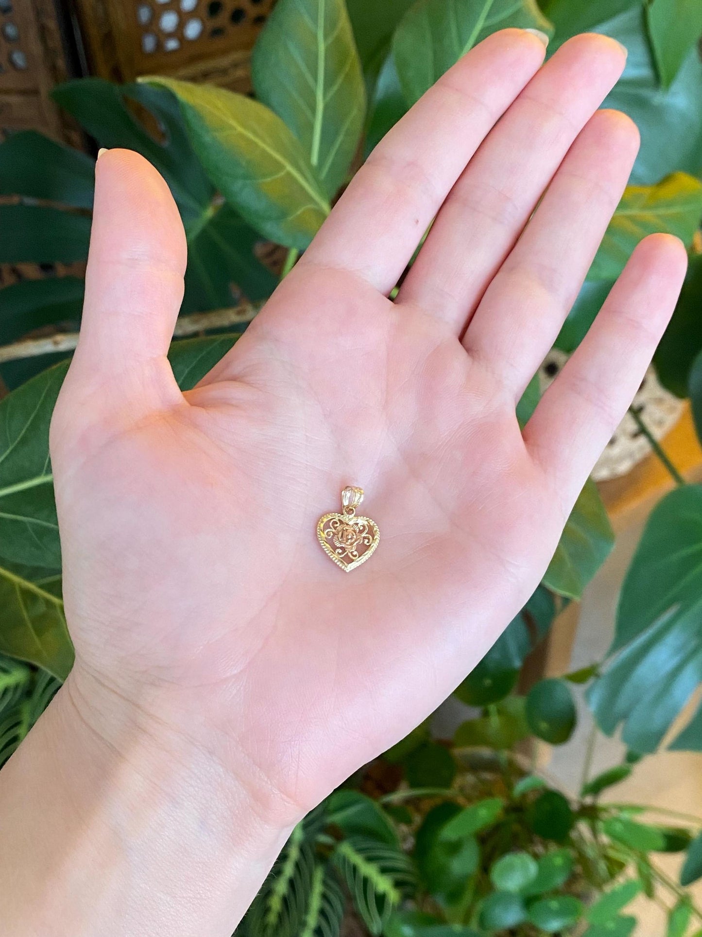 Vintage Solid 14k Rose & Yellow Gold Diamond Cut Open Work Rose Heart Charm