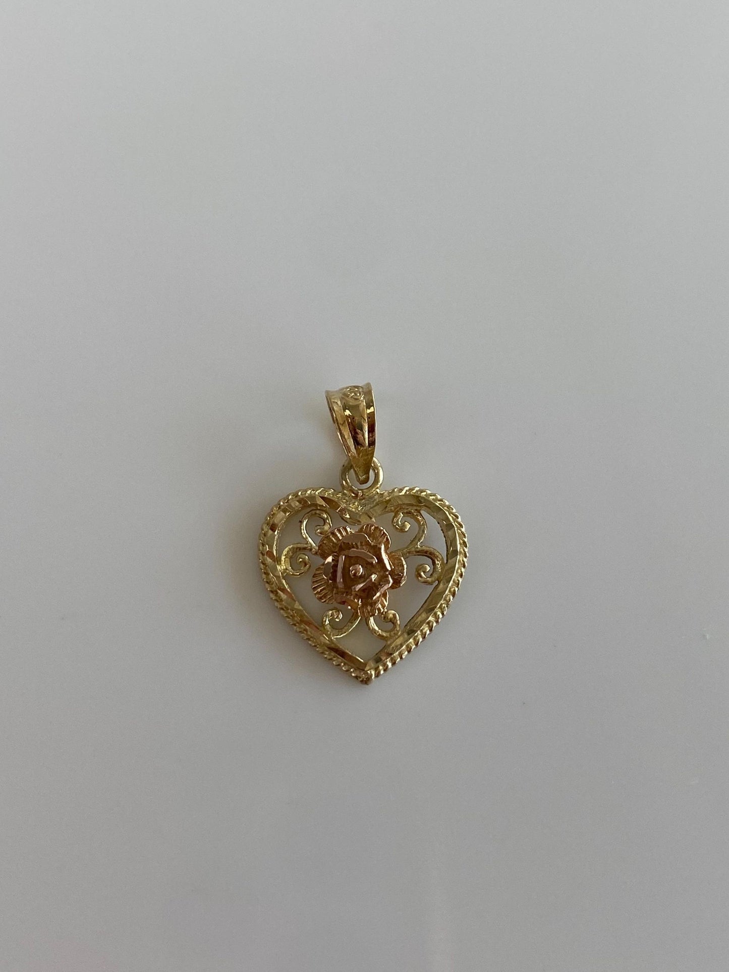 Vintage Solid 14k Rose & Yellow Gold Diamond Cut Open Work Rose Heart Charm