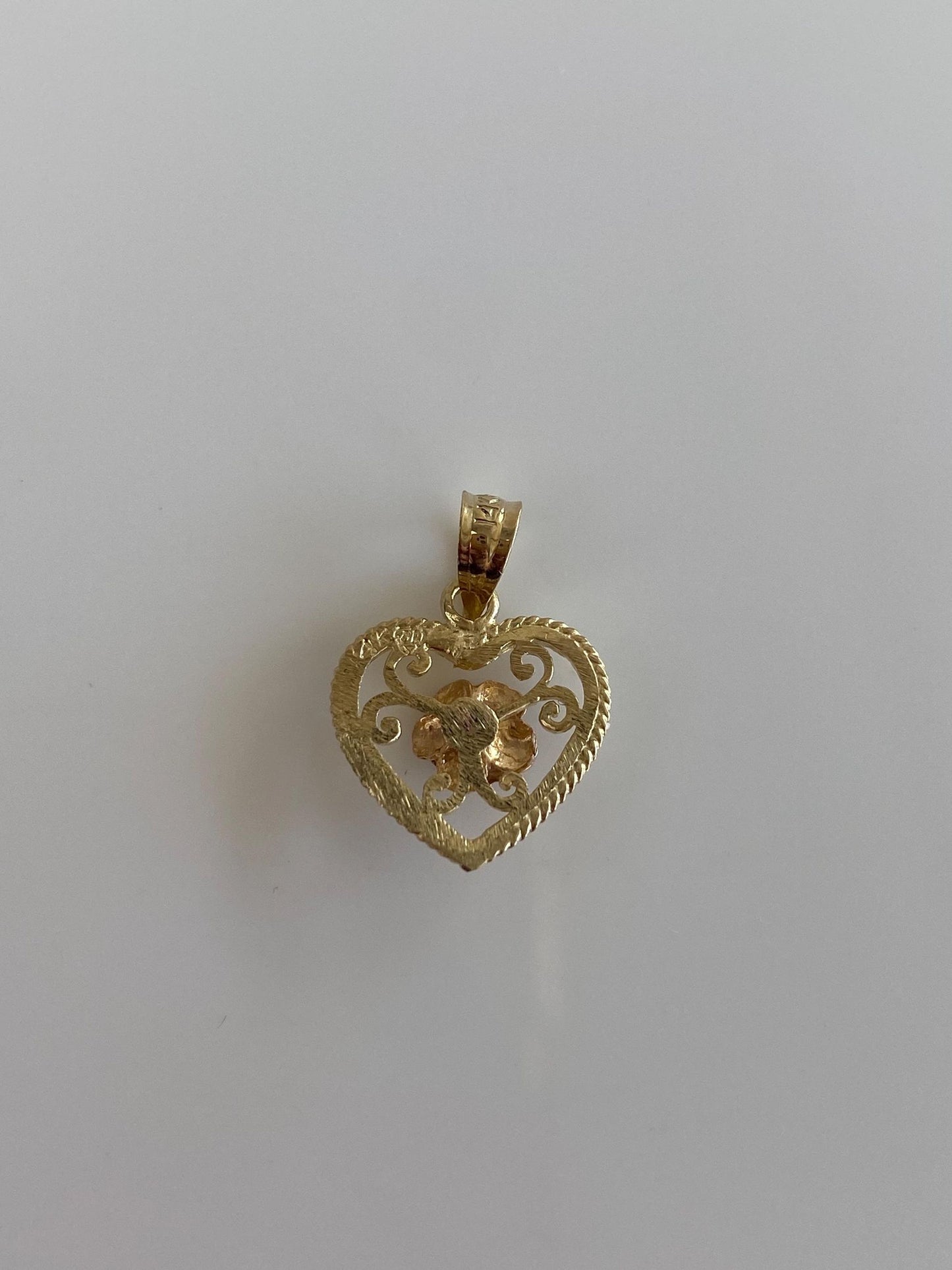 Vintage Solid 14k Rose & Yellow Gold Diamond Cut Open Work Rose Heart Charm