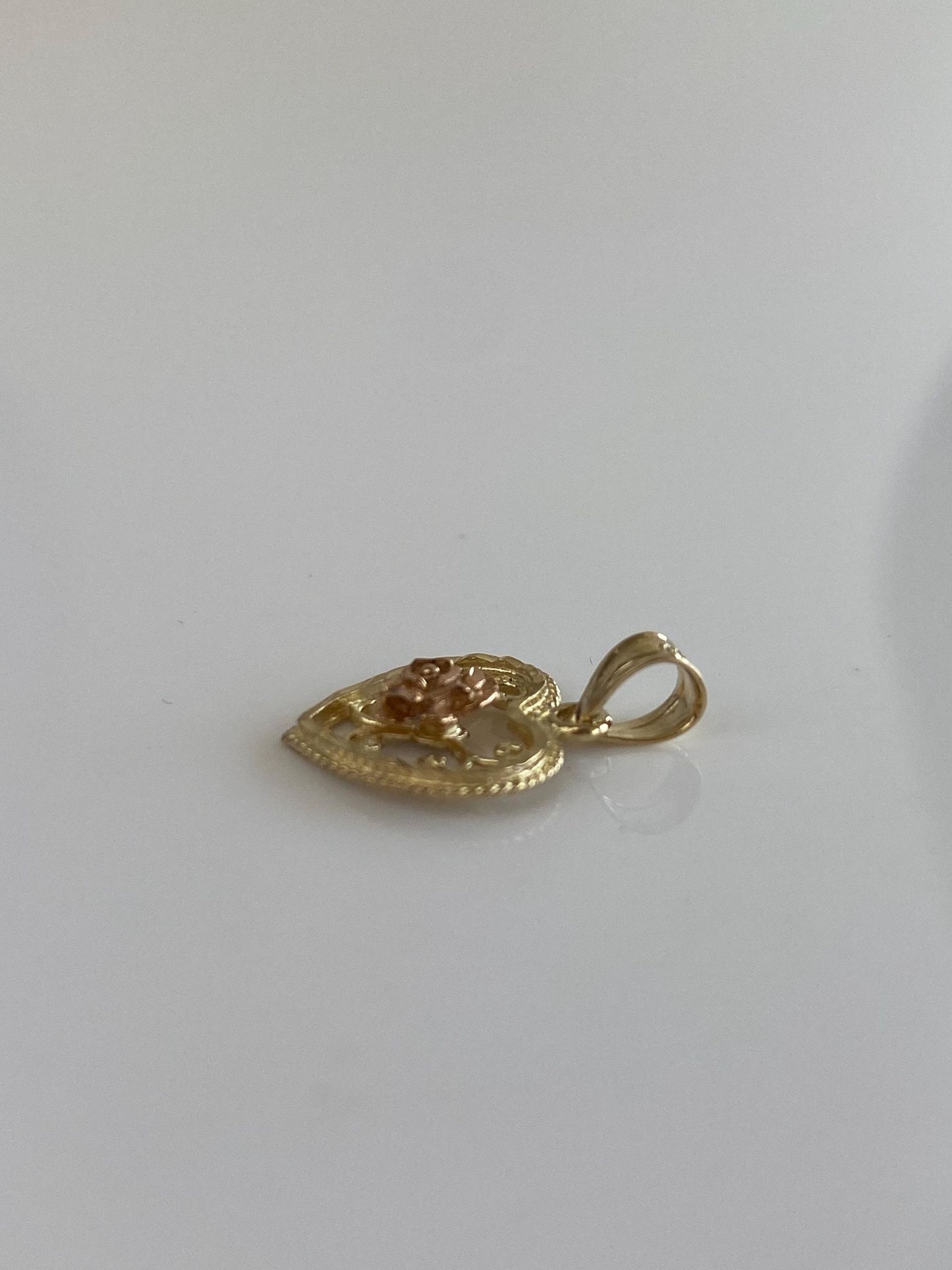 Vintage Solid 14k Rose & Yellow Gold Diamond Cut Open Work Rose Heart Charm