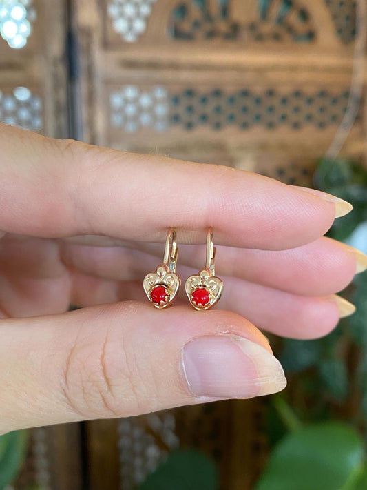 Vintage Solid 14k Yellow Gold Red Stone Heart Drop Earrings