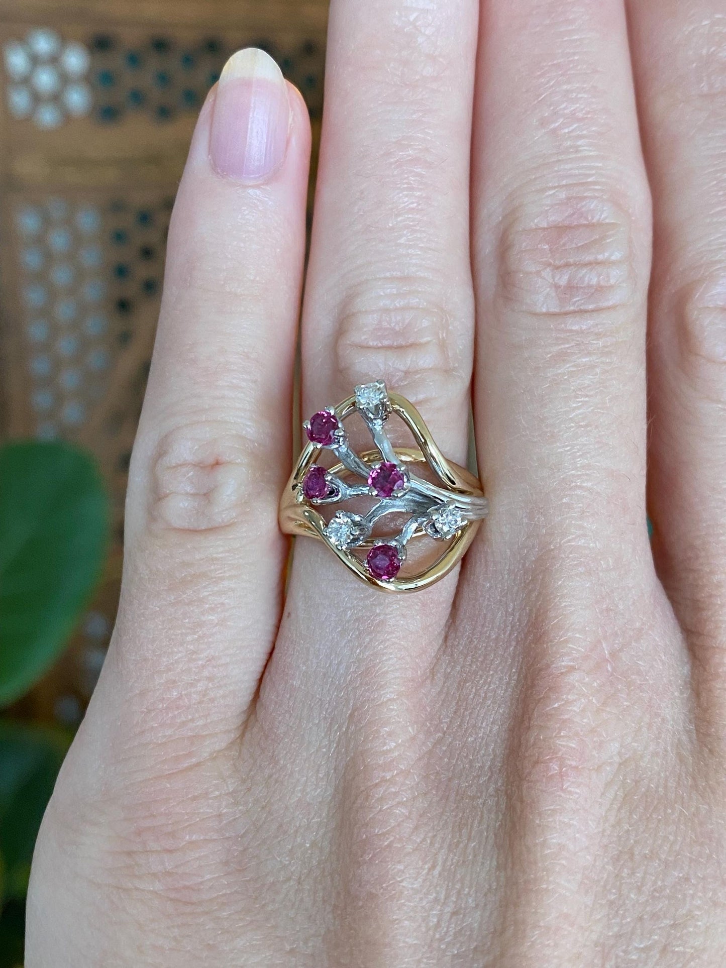 Vintage Solid 14k White & Yellow Gold Diamond Pink Sapphire Ring - Size 6