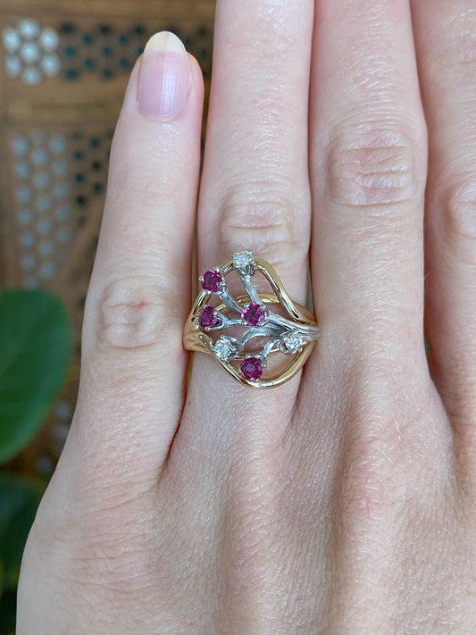 Vintage Solid 14k White & Yellow Gold Diamond Pink Sapphire Ring - Size 6