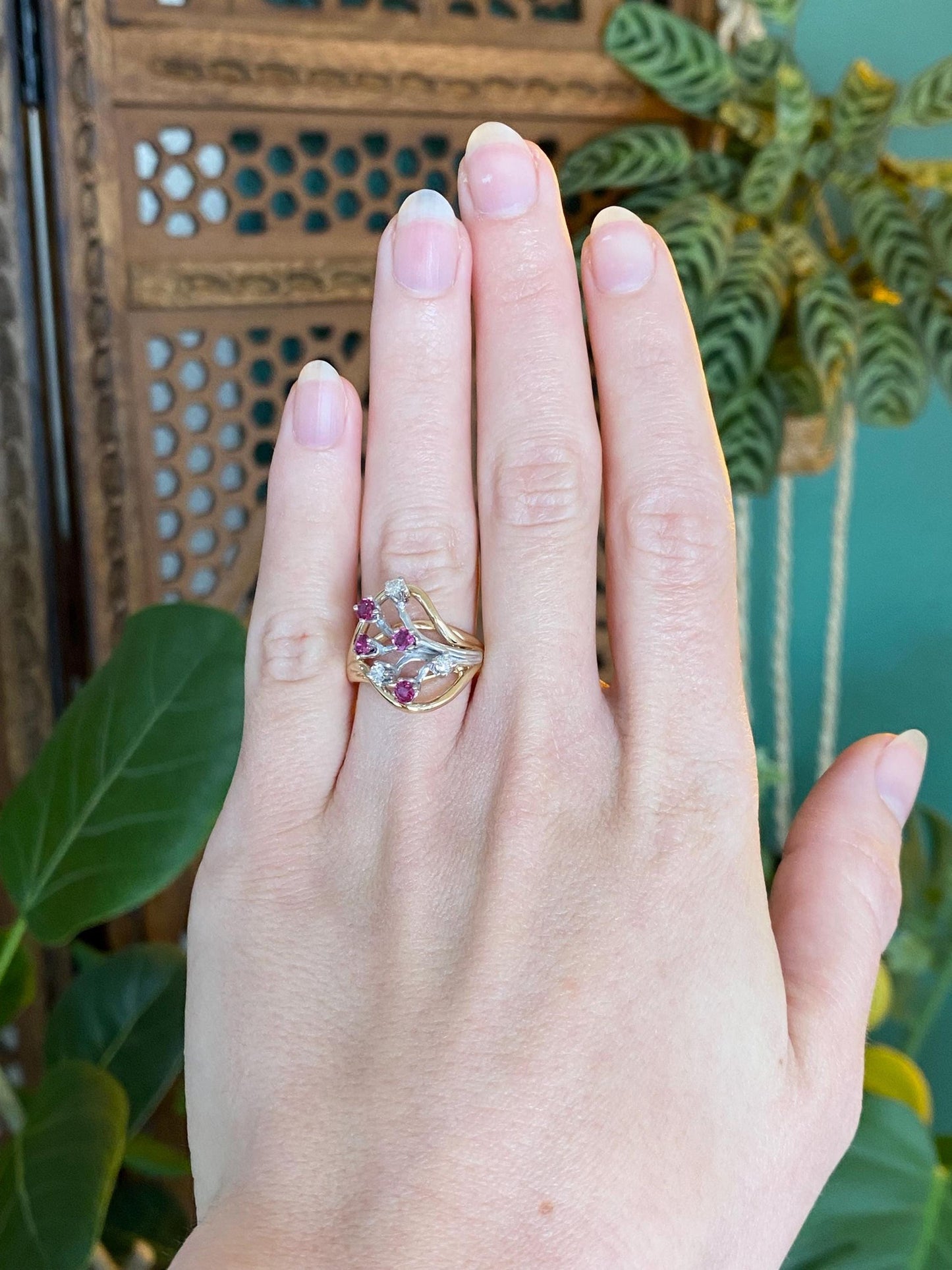 Vintage Solid 14k White & Yellow Gold Diamond Pink Sapphire Ring - Size 6