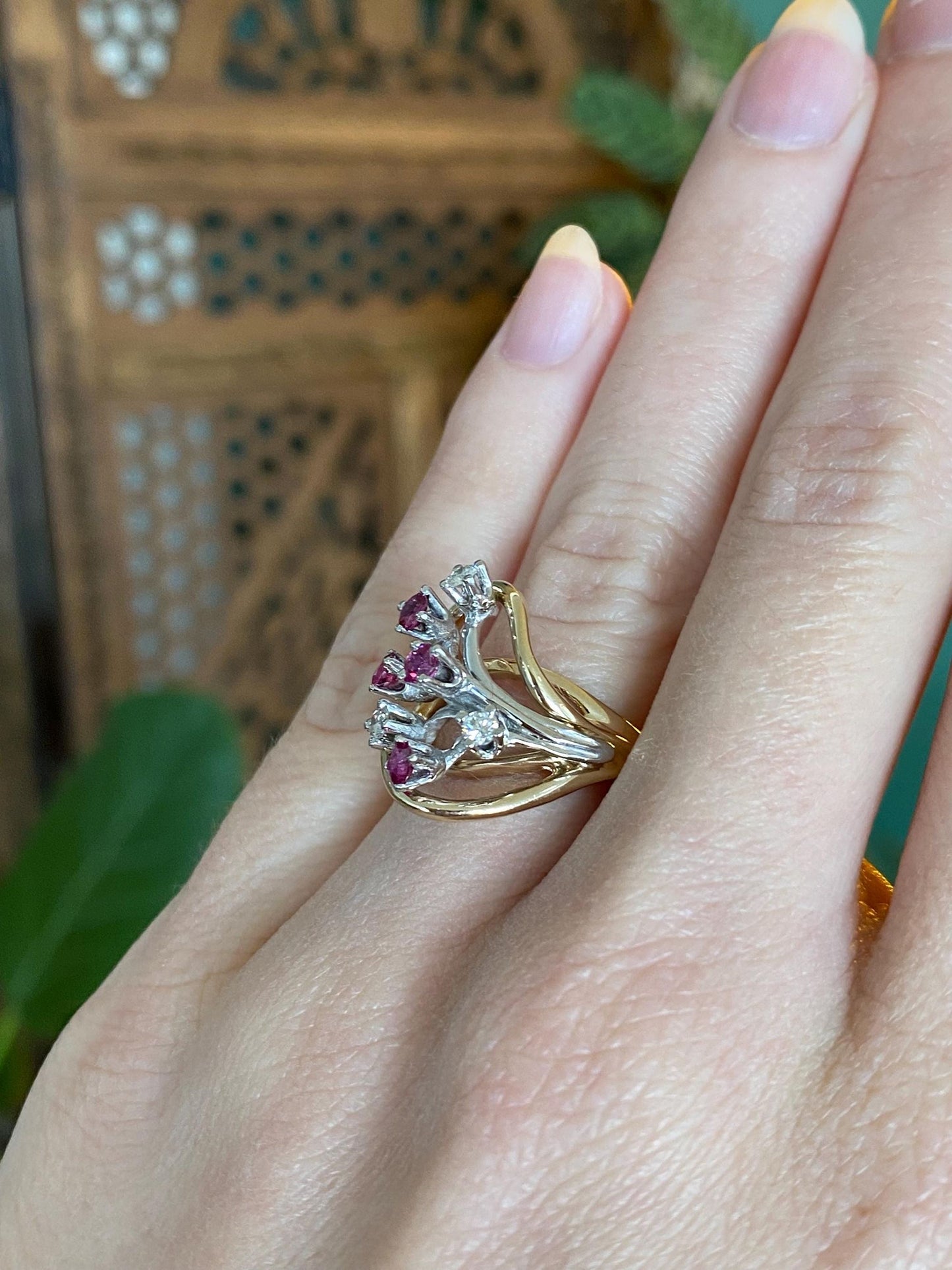 Vintage Solid 14k White & Yellow Gold Diamond Pink Sapphire Ring - Size 6