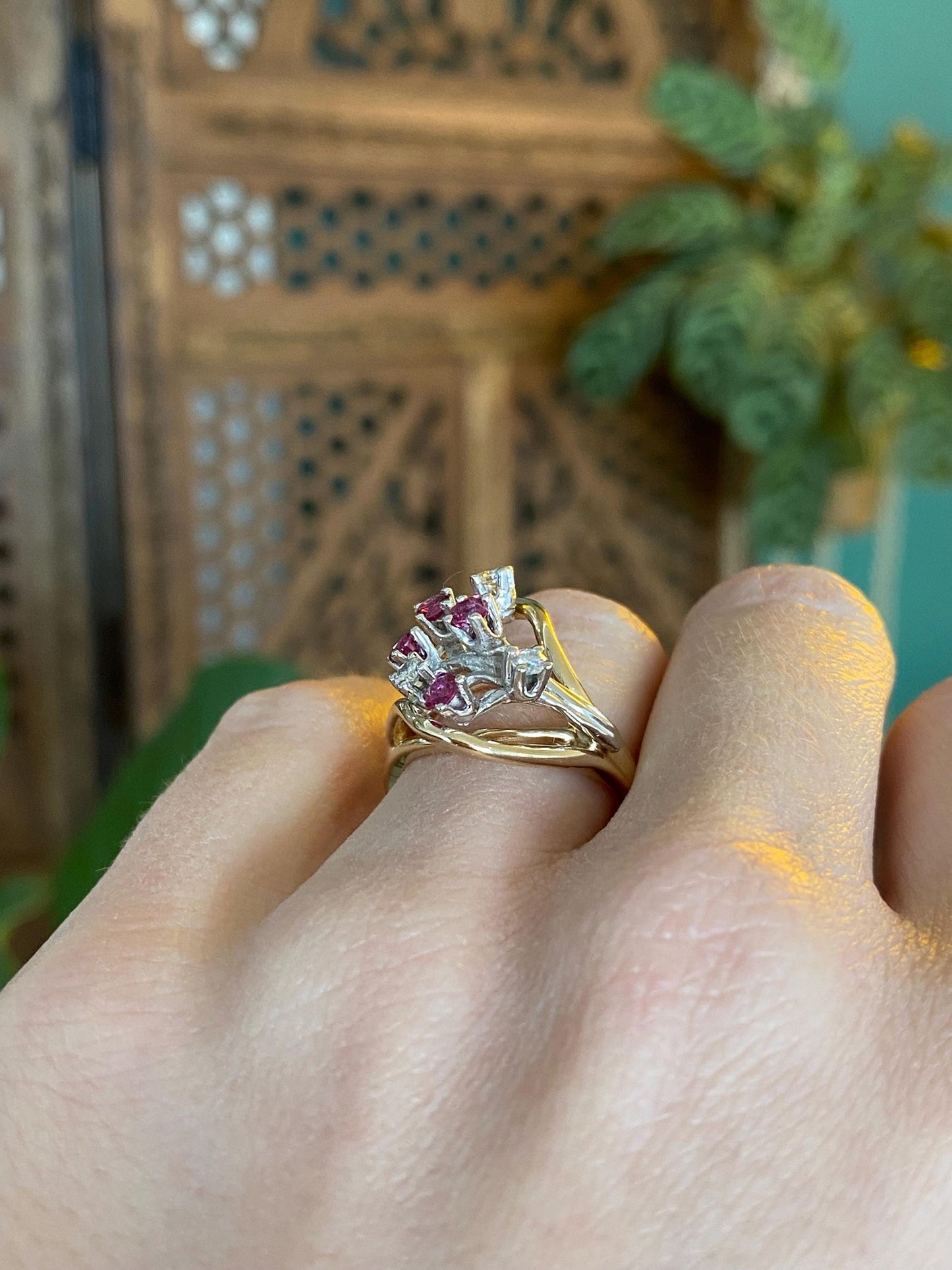 Vintage Solid 14k White & Yellow Gold Diamond Pink Sapphire Ring - Size 6