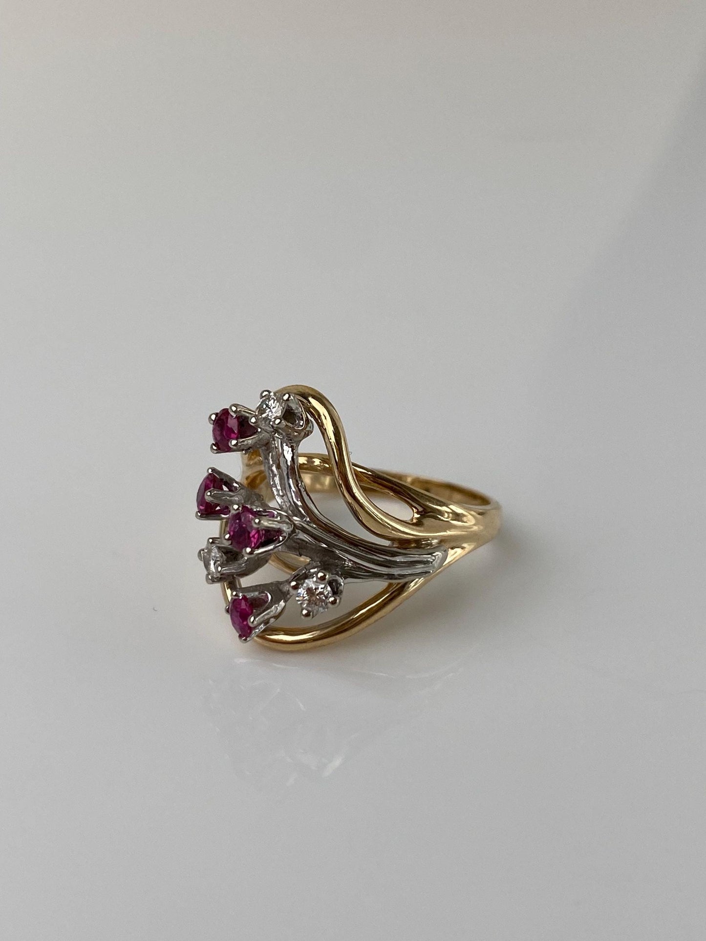 Vintage Solid 14k White & Yellow Gold Diamond Pink Sapphire Ring - Size 6