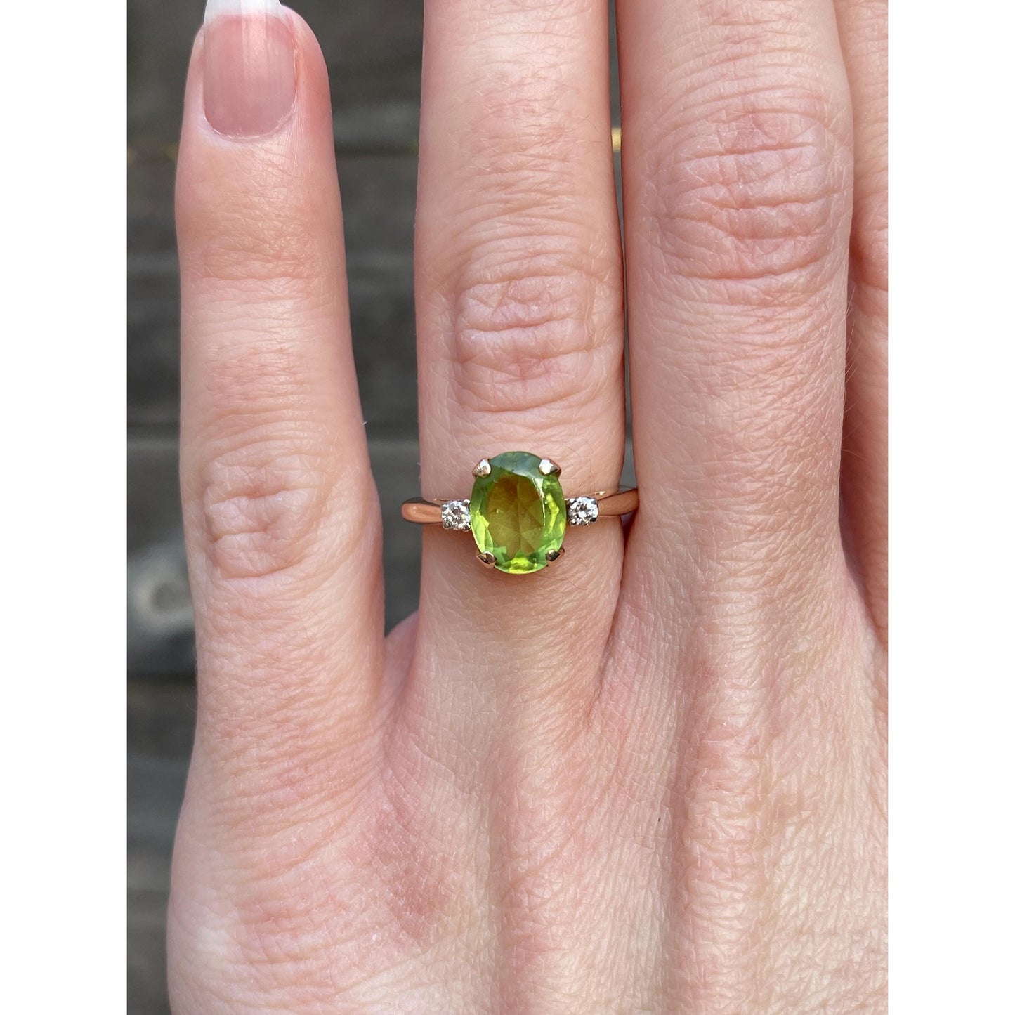 Solid 14k Yellow Gold Peridot Diamond Ring - Size 5.25