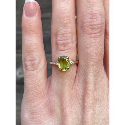Solid 14k Yellow Gold Peridot Diamond Ring - Size 5.25