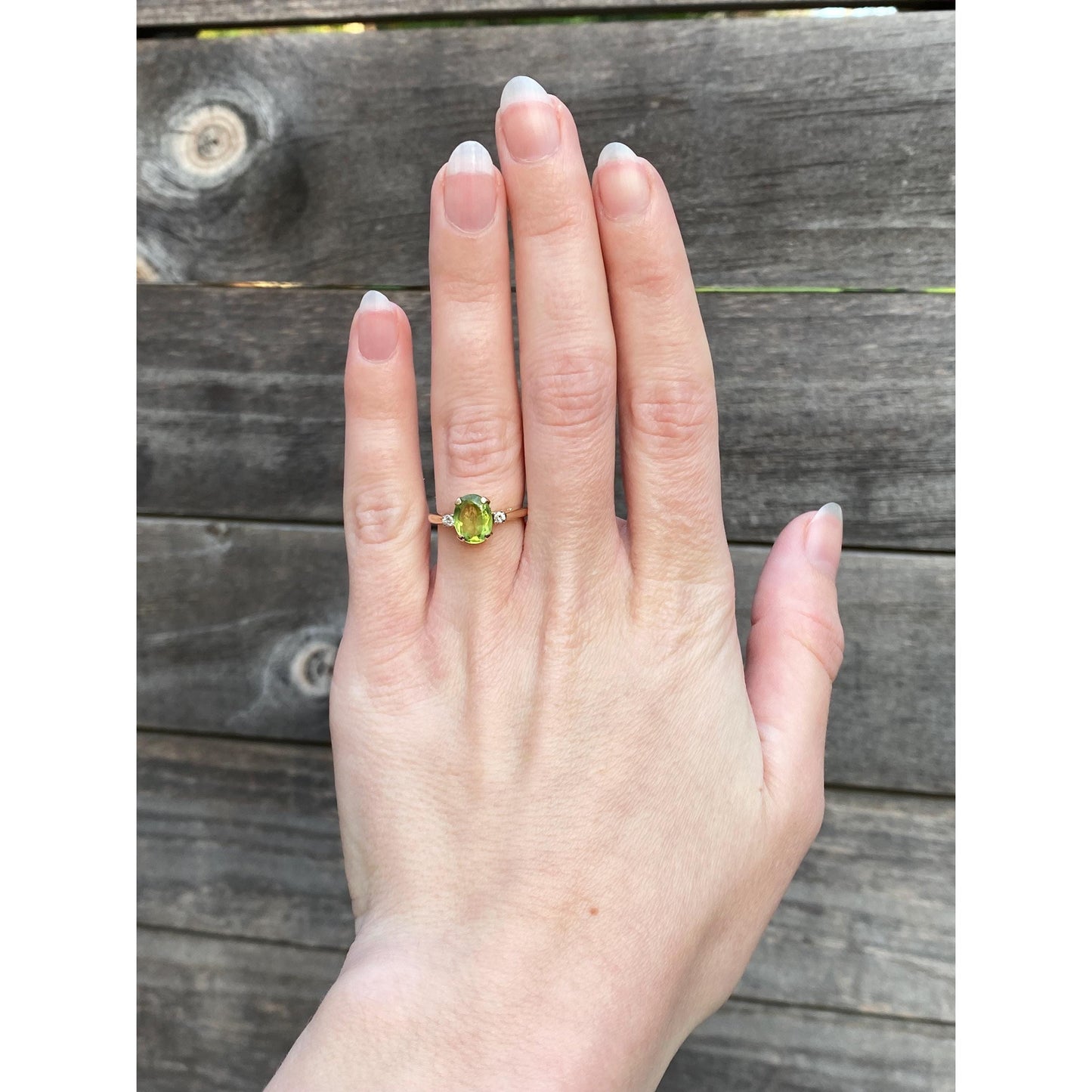 Solid 14k Yellow Gold Peridot Diamond Ring - Size 5.25