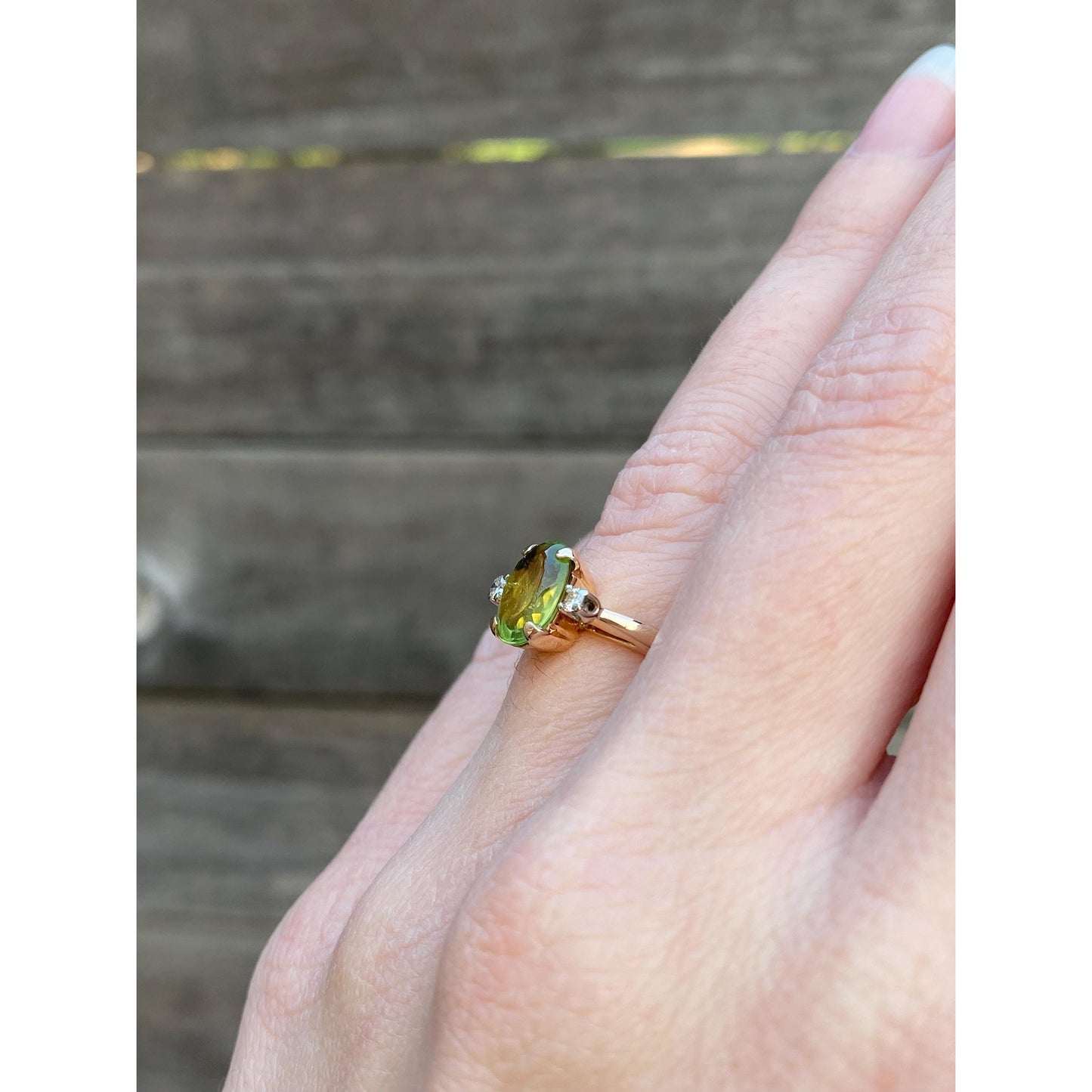 Solid 14k Yellow Gold Peridot Diamond Ring - Size 5.25