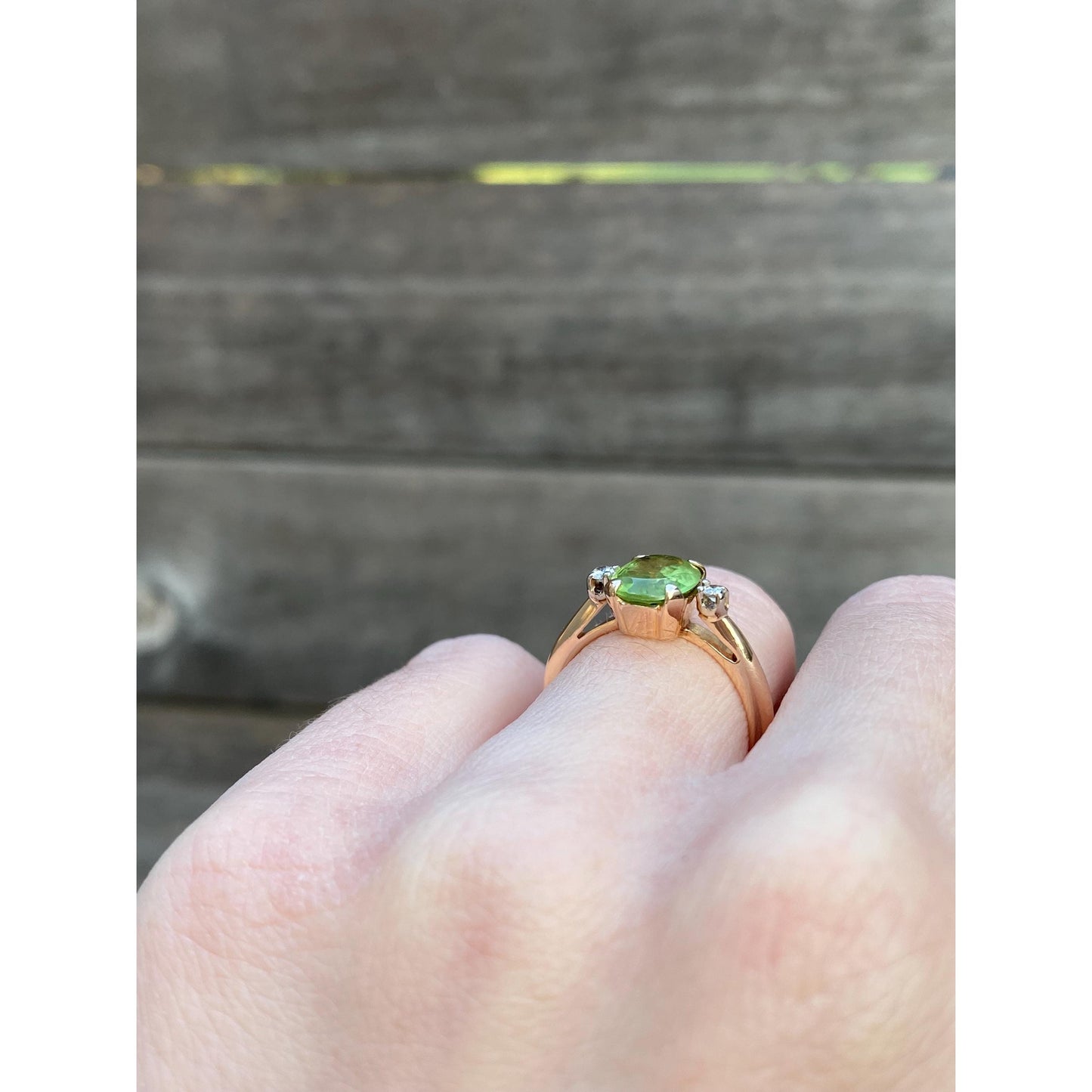 Solid 14k Yellow Gold Peridot Diamond Ring - Size 5.25