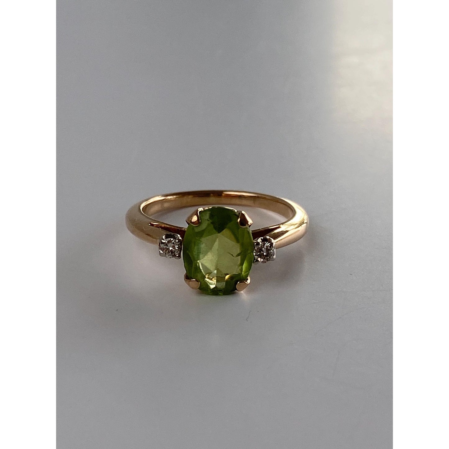 Solid 14k Yellow Gold Peridot Diamond Ring - Size 5.25