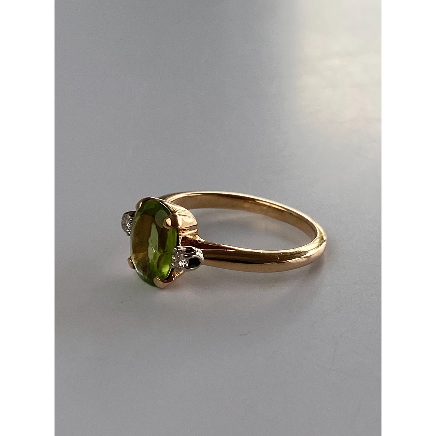 Solid 14k Yellow Gold Peridot Diamond Ring - Size 5.25
