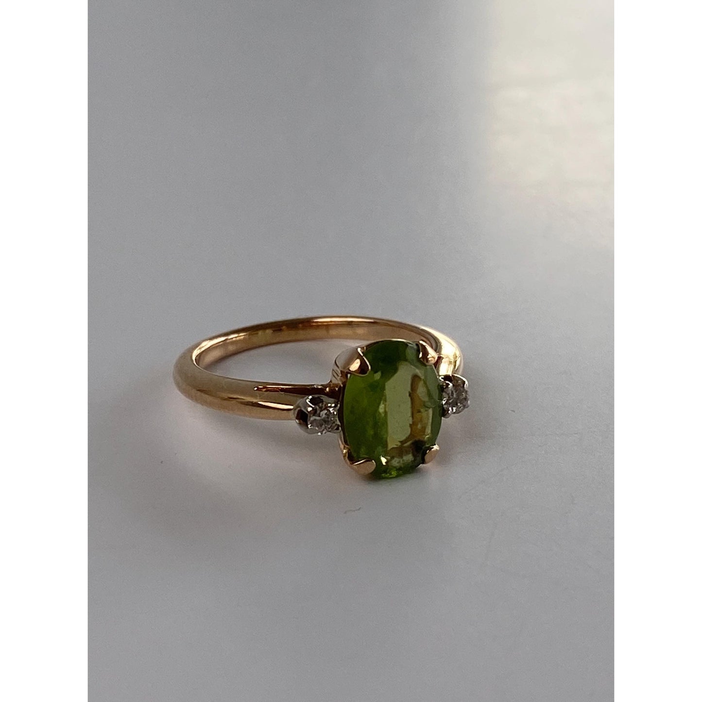 Solid 14k Yellow Gold Peridot Diamond Ring - Size 5.25