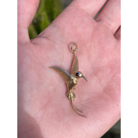 Solid 14k Yellow Gold Blue Spinel Hummingbird Charm