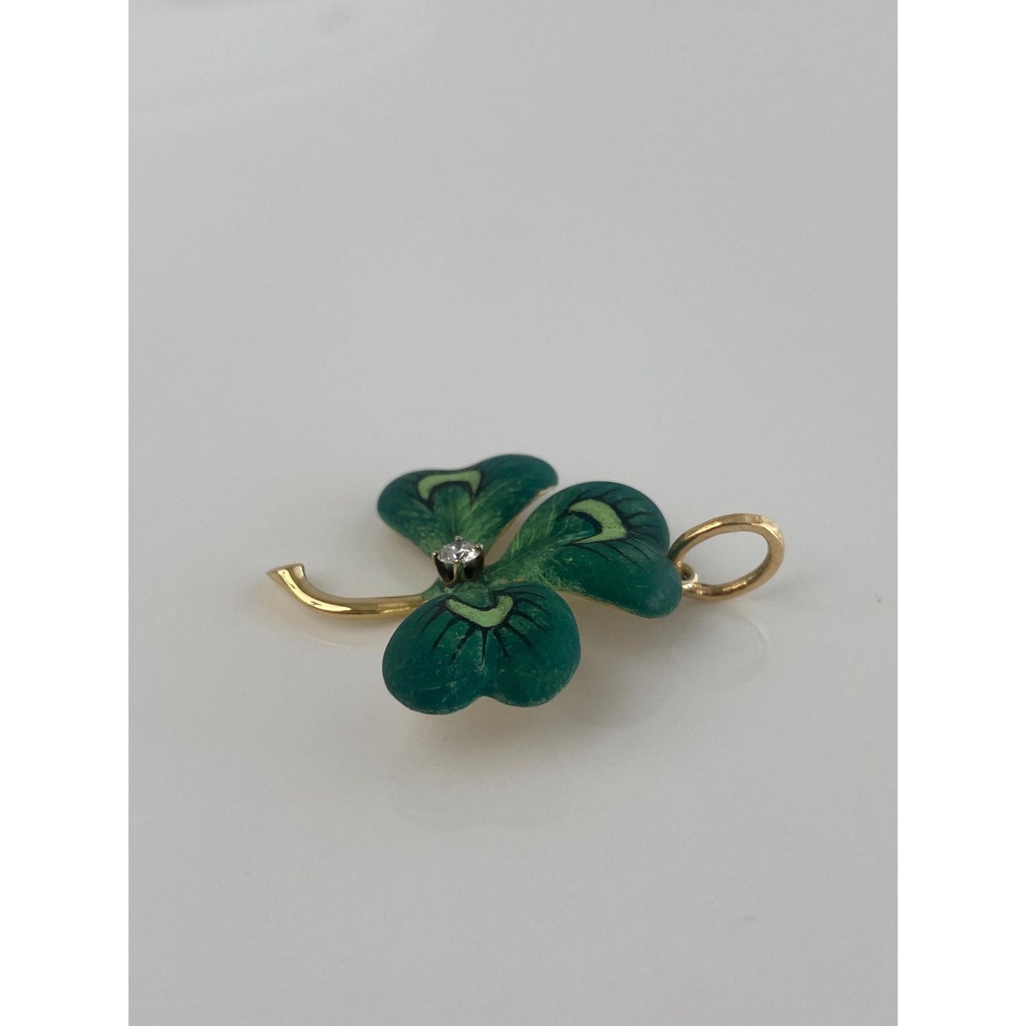 Vintage Solid 18k Yellow Gold Diamond Green Enamel Shamrock Charm
