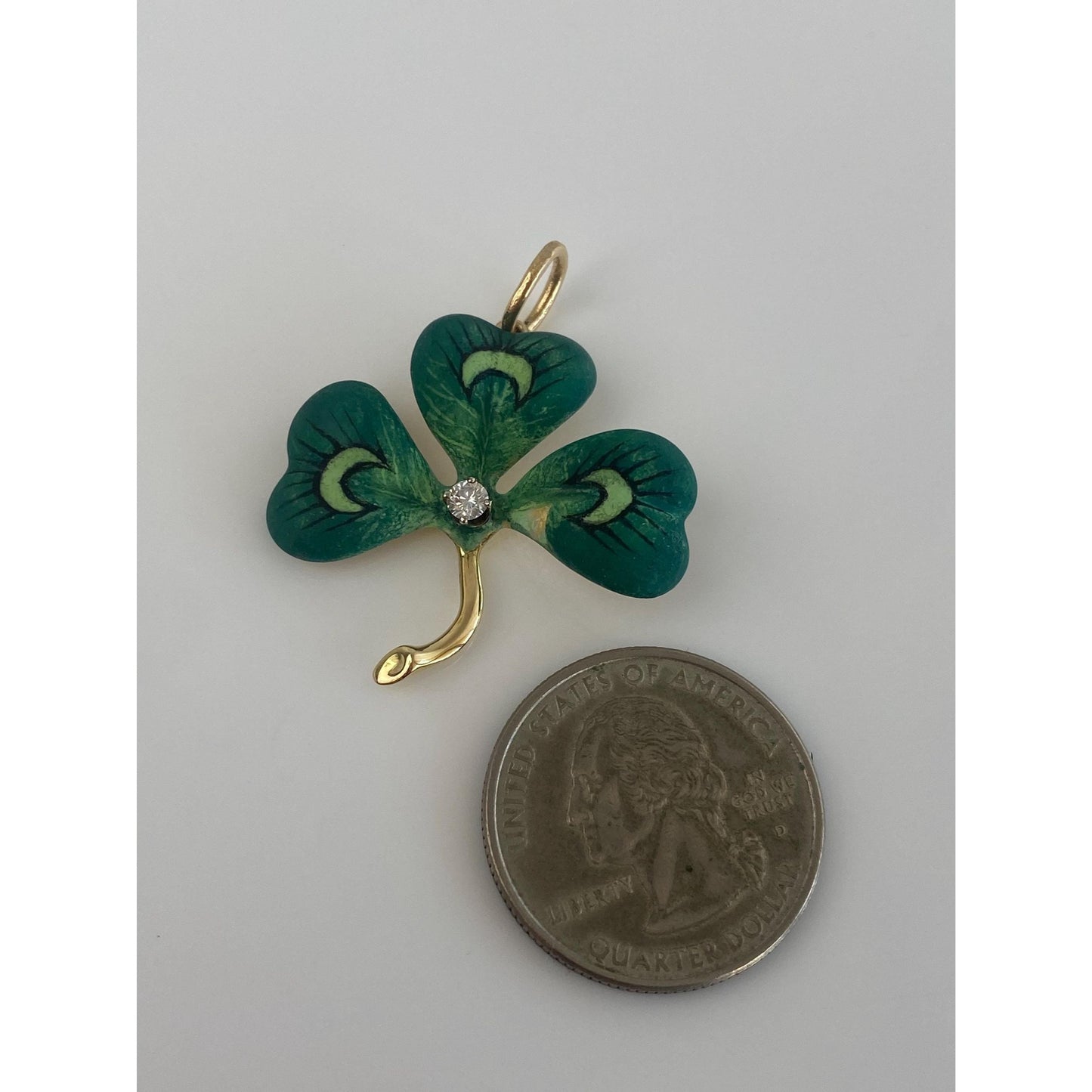 Vintage Solid 18k Yellow Gold Diamond Green Enamel Shamrock Charm