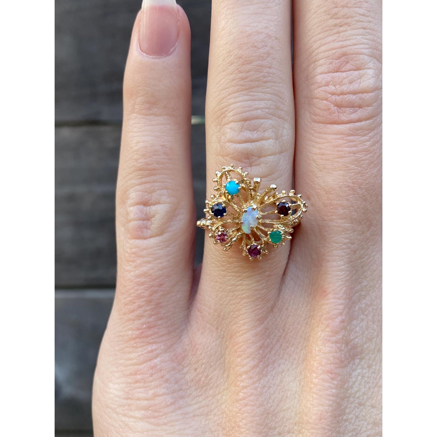 Solid 14k Yellow Gold Opal Colored Spinel & Cubic Zirconia Butterfly Ring - Size 5.5