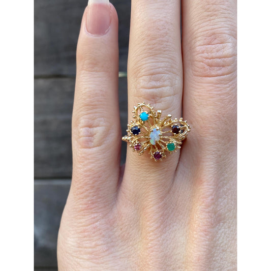 Solid 14k Yellow Gold Opal Colored Spinel & Cubic Zirconia Butterfly Ring - Size 5.5
