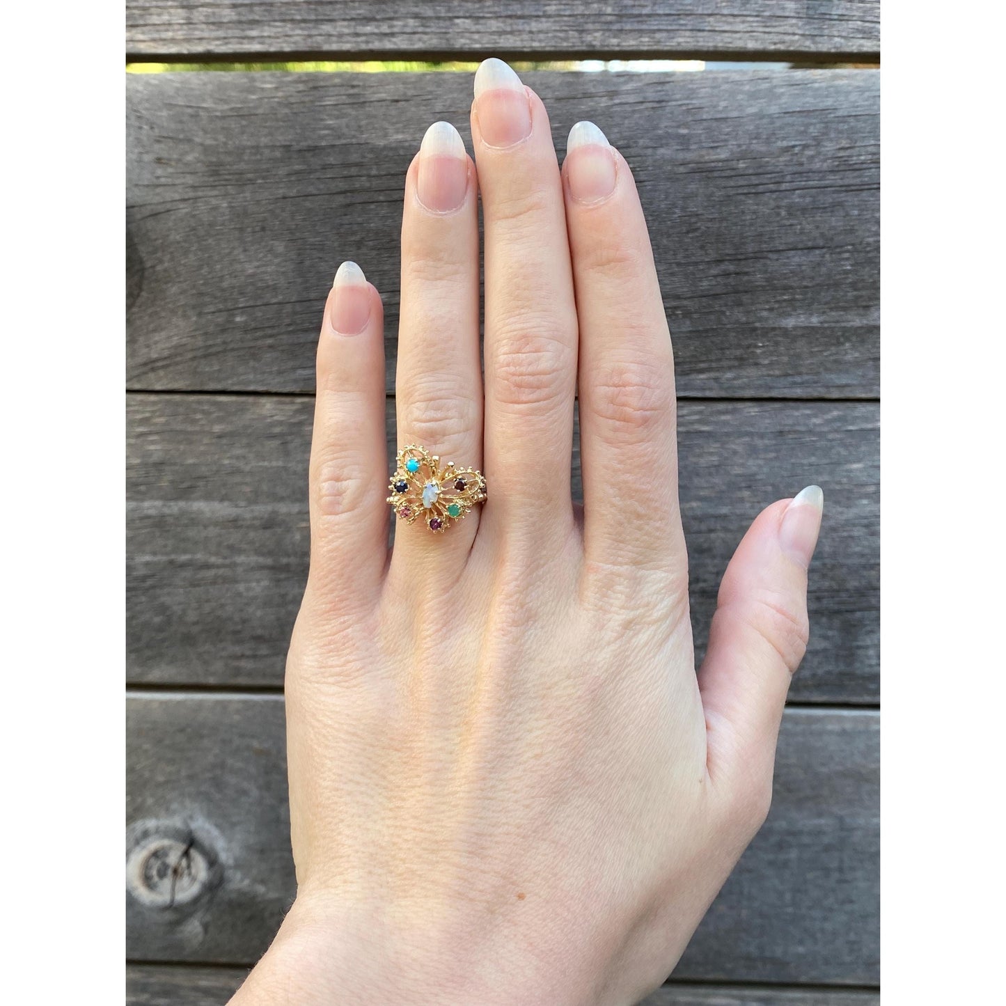 Solid 14k Yellow Gold Opal Colored Spinel & Cubic Zirconia Butterfly Ring - Size 5.5