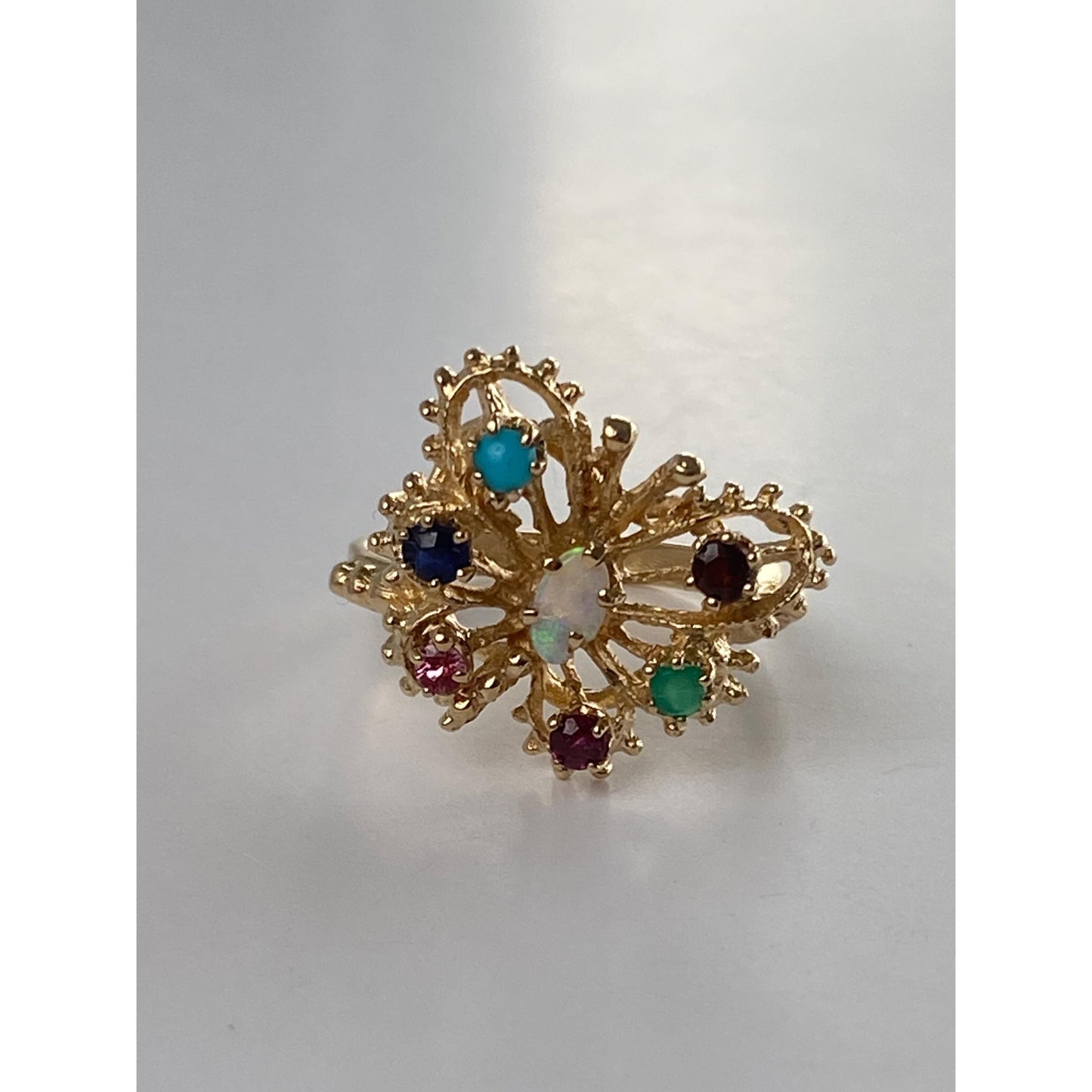 Solid 14k Yellow Gold Opal Colored Spinel & Cubic Zirconia Butterfly Ring - Size 5.5