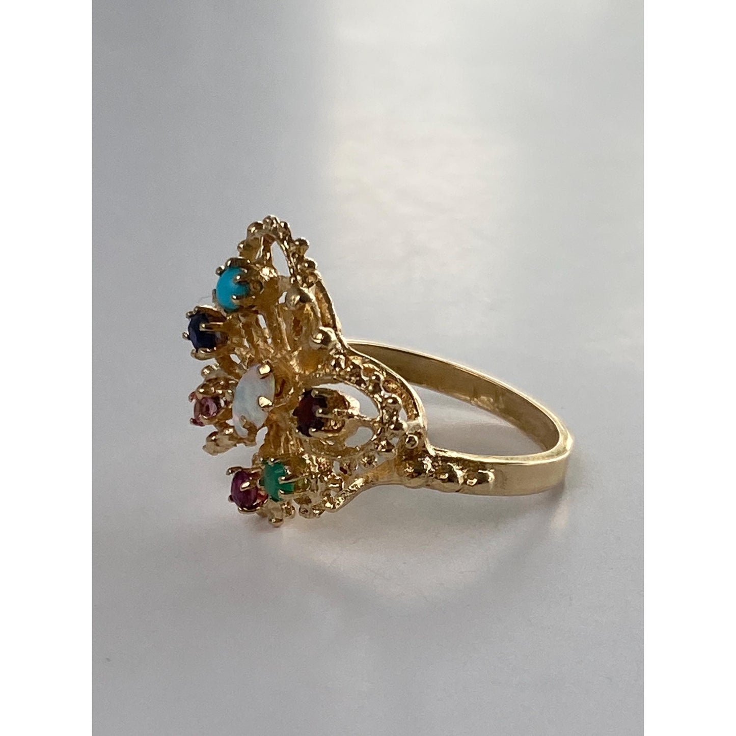 Solid 14k Yellow Gold Opal Colored Spinel & Cubic Zirconia Butterfly Ring - Size 5.5