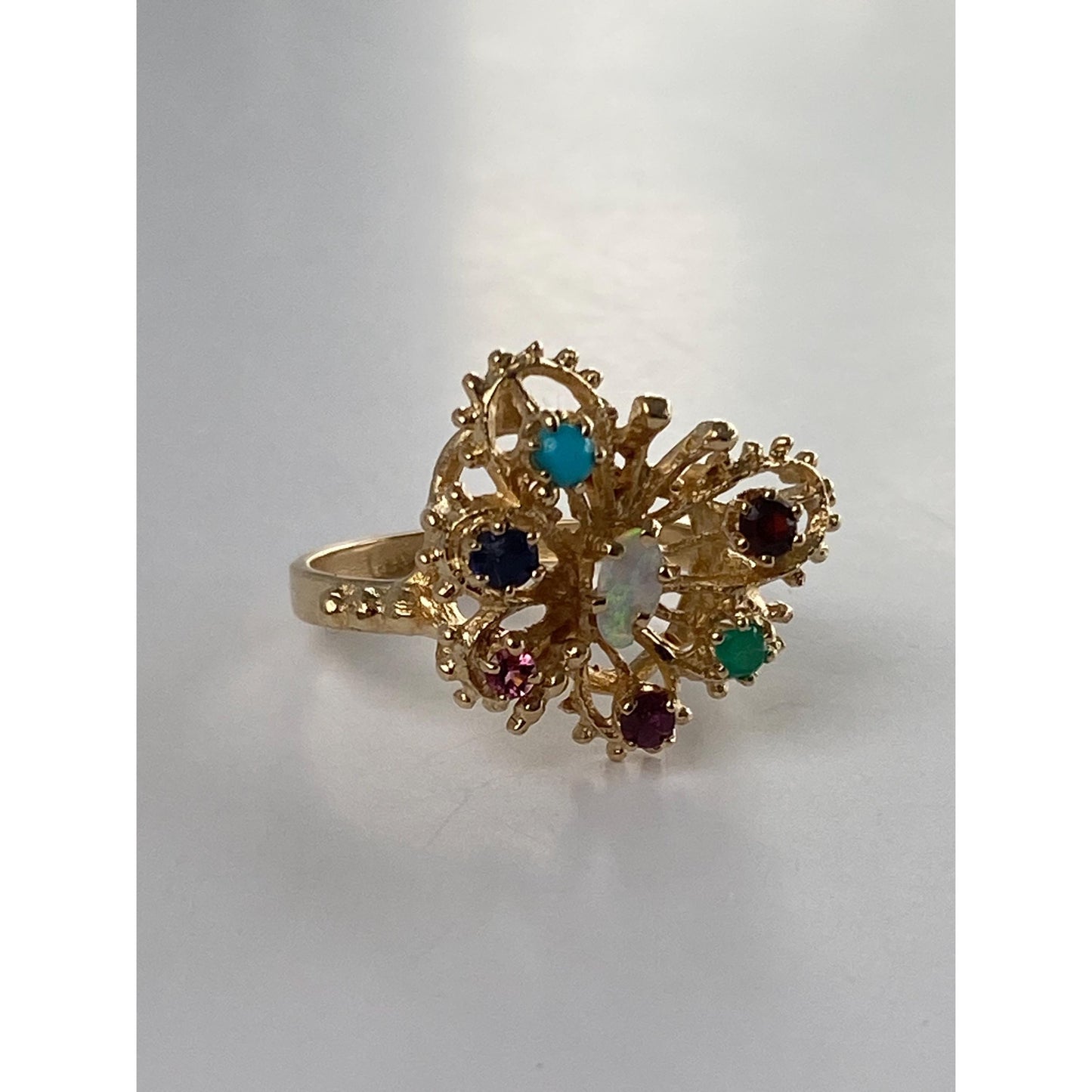Solid 14k Yellow Gold Opal Colored Spinel & Cubic Zirconia Butterfly Ring - Size 5.5