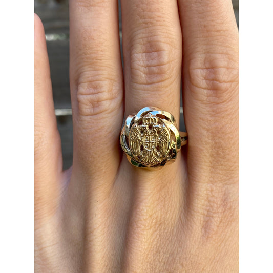 Vintage Solid 14k Yellow Gold Double Headed Eagle Crown Ring - Size 8.5