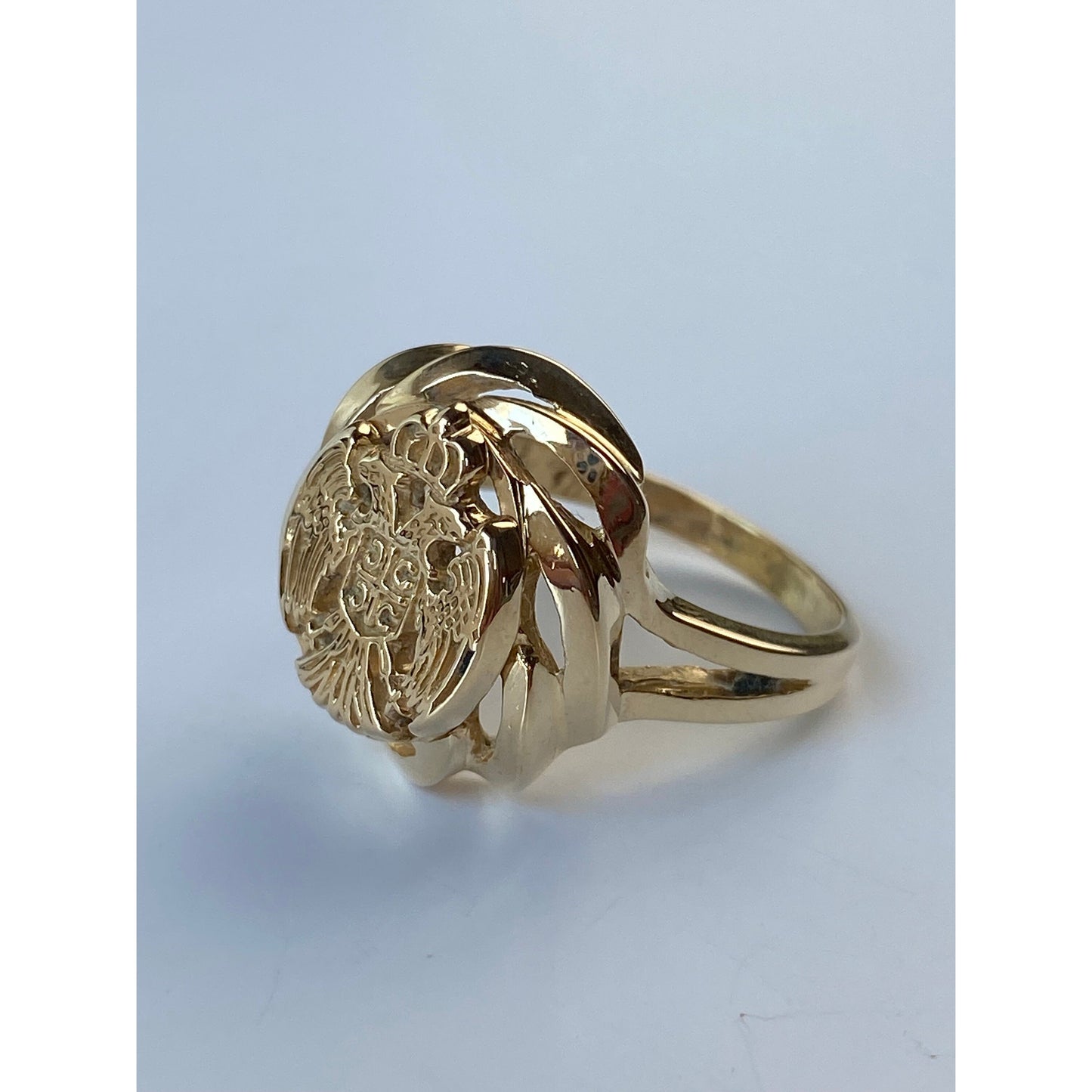 Vintage Solid 14k Yellow Gold Double Headed Eagle Crown Ring - Size 8.5