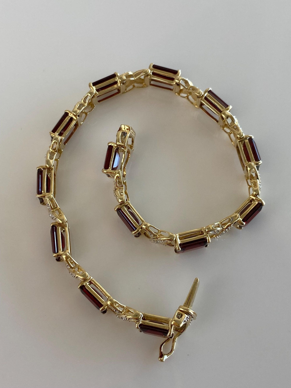 Vintage Solid 14k White & Yellow Gold Garnet Diamond X Link Bracelet - 7 inches