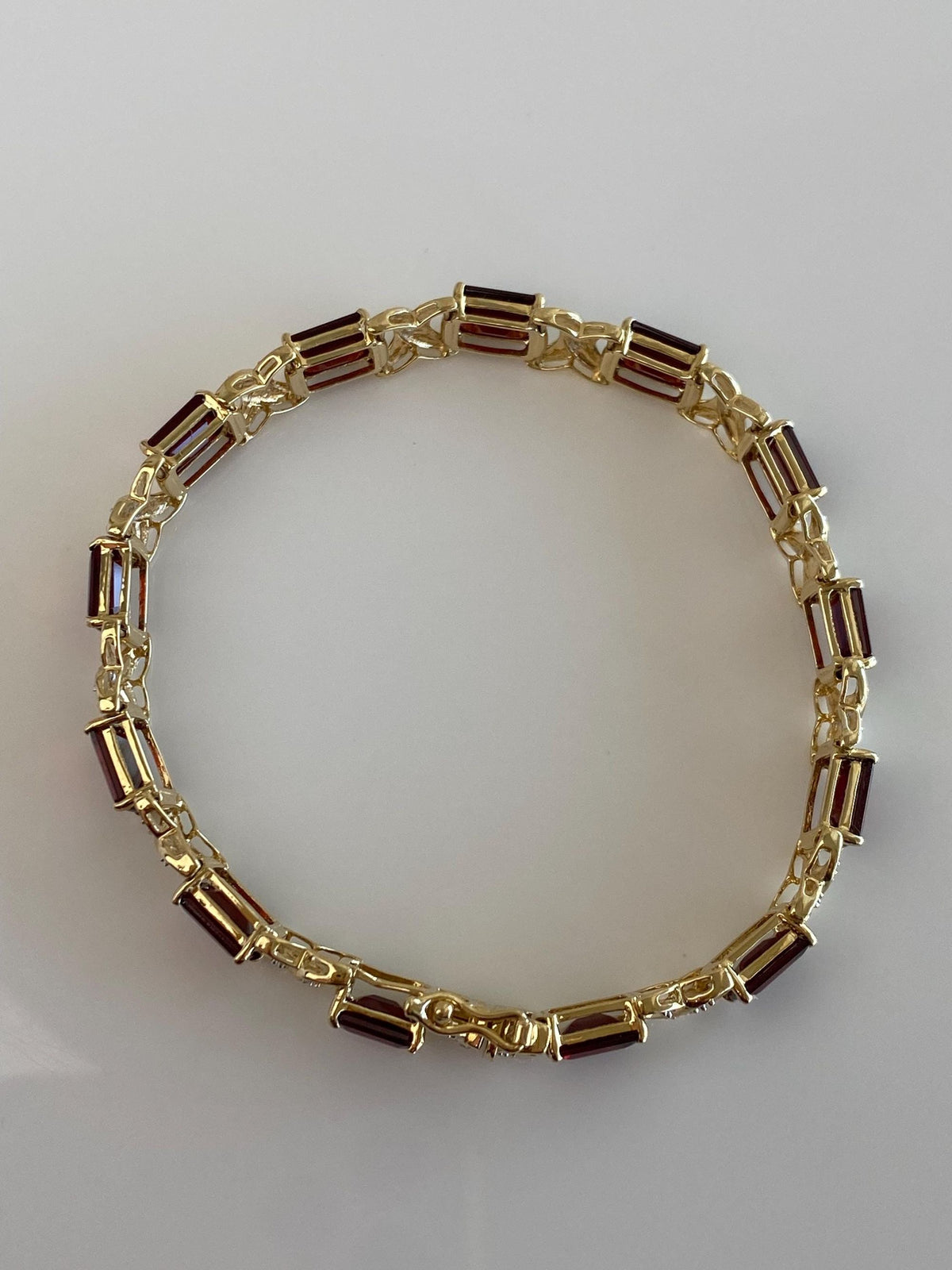 Vintage Solid 14k White & Yellow Gold Garnet Diamond X Link Bracelet - 7 inches