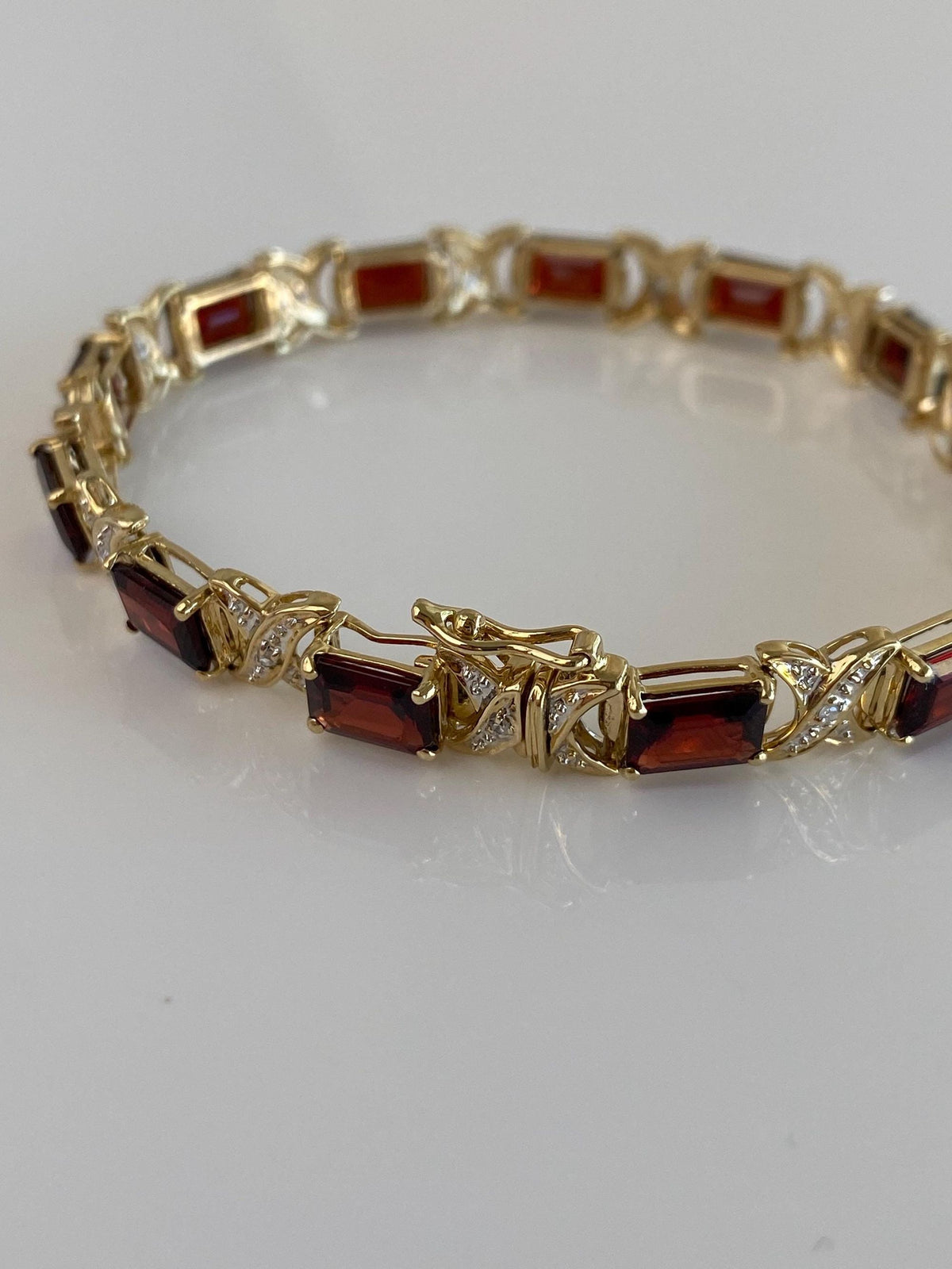 Vintage Solid 14k White & Yellow Gold Garnet Diamond X Link Bracelet - 7 inches