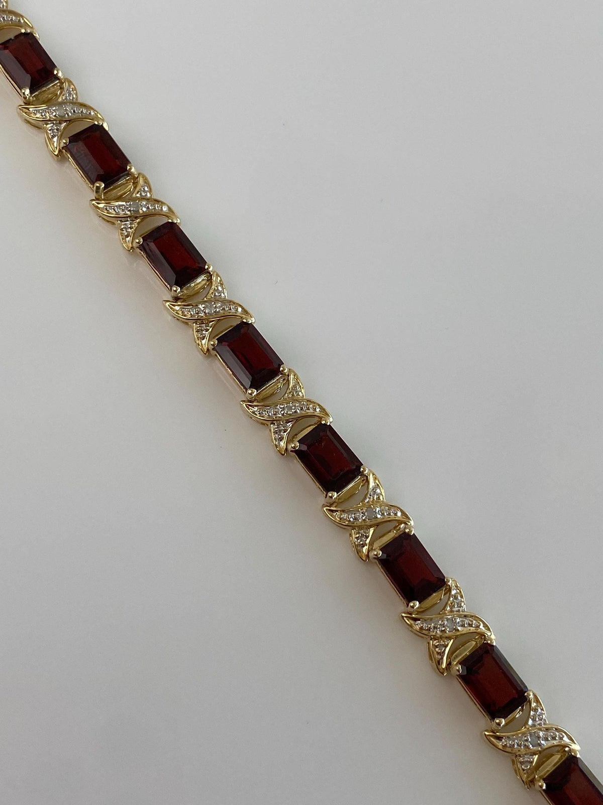 Vintage Solid 14k White & Yellow Gold Garnet Diamond X Link Bracelet - 7 inches