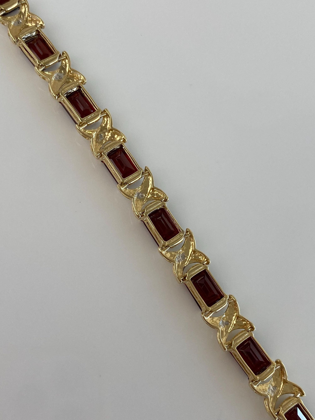 Vintage Solid 14k White & Yellow Gold Garnet Diamond X Link Bracelet - 7 inches