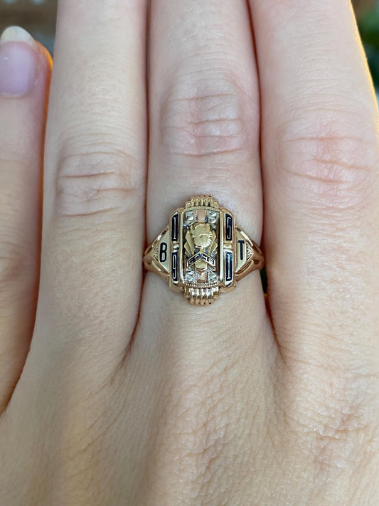 Vintage Solid 10k Yellow Gold Enamel 1951 Class Ring - Size 6.75