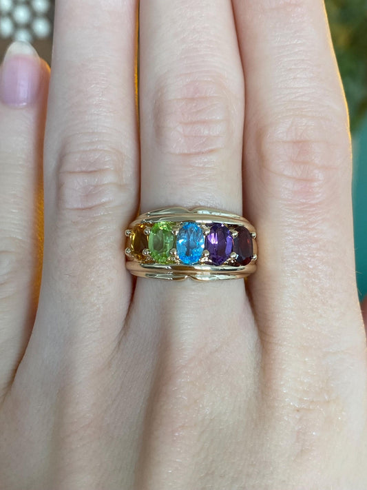 Vintage Solid 14k Yellow Gold Amethyst Topaz Citrine Green Tourmaline Garnet Ring Band - Size 6.75