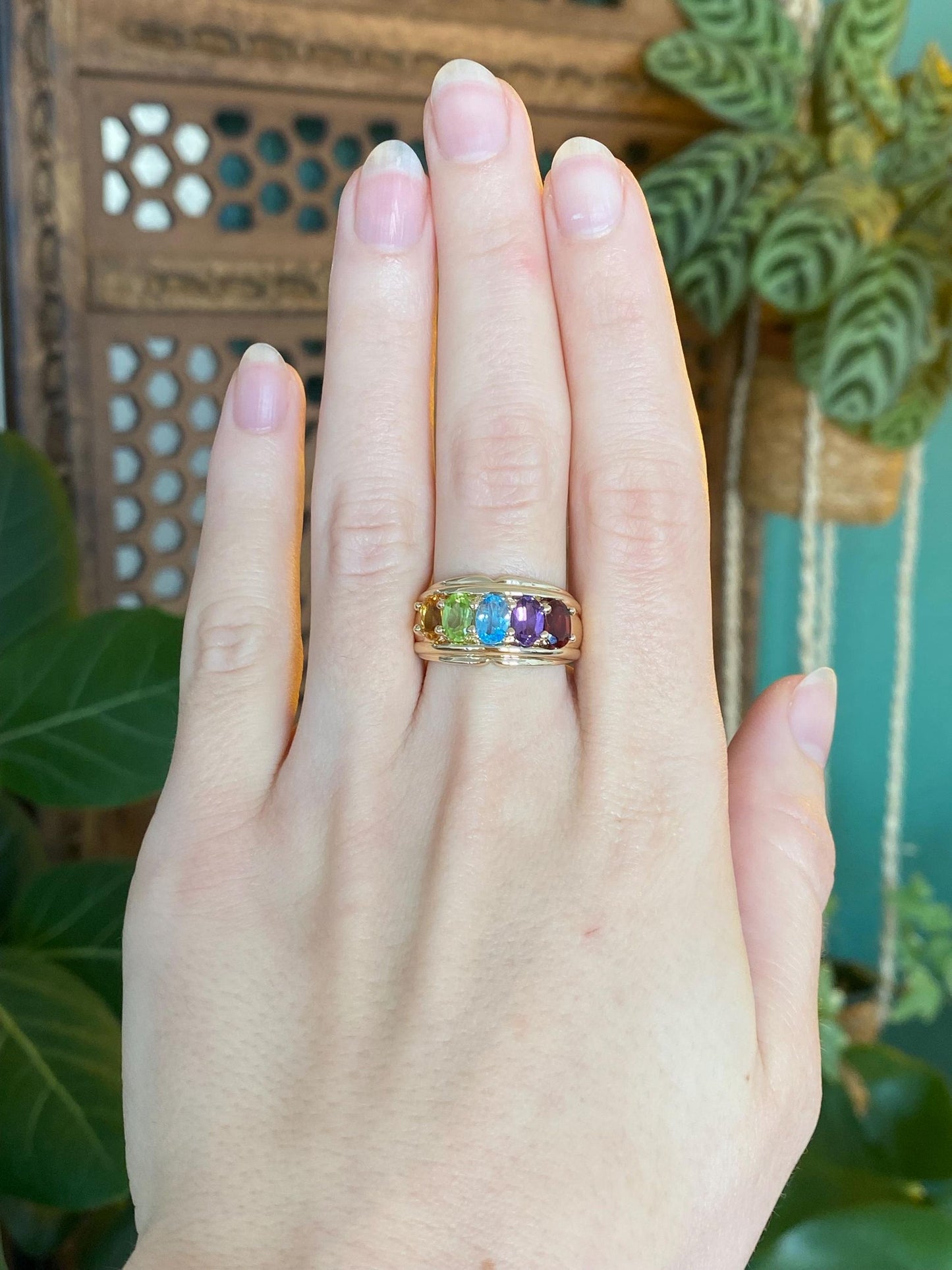 Vintage Solid 14k Yellow Gold Amethyst Topaz Citrine Green Tourmaline Garnet Ring Band - Size 6.75