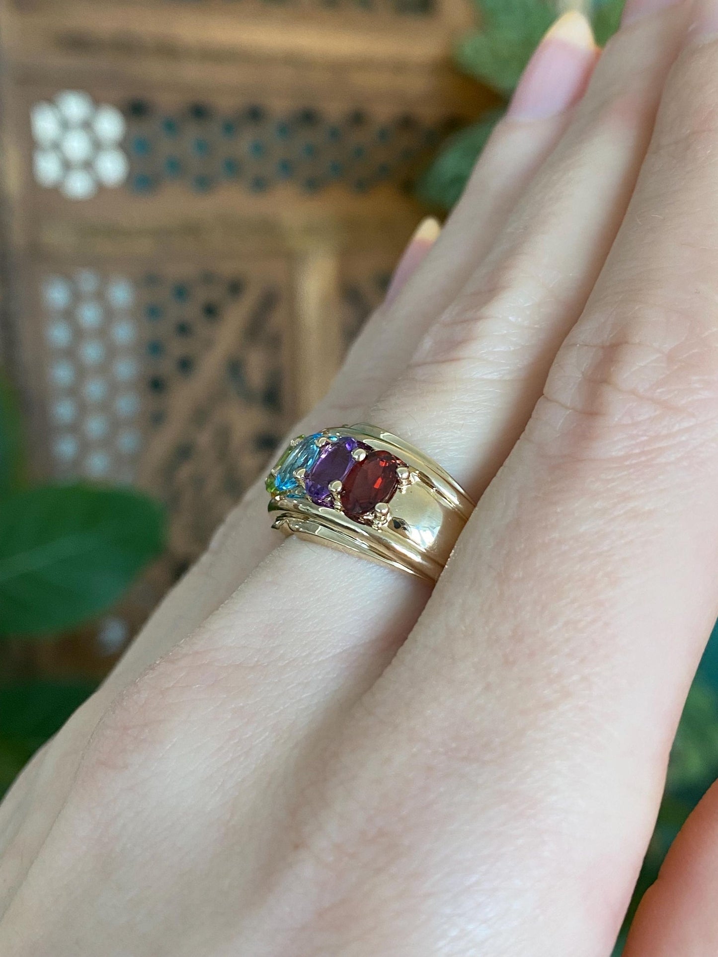 Vintage Solid 14k Yellow Gold Amethyst Topaz Citrine Green Tourmaline Garnet Ring Band - Size 6.75