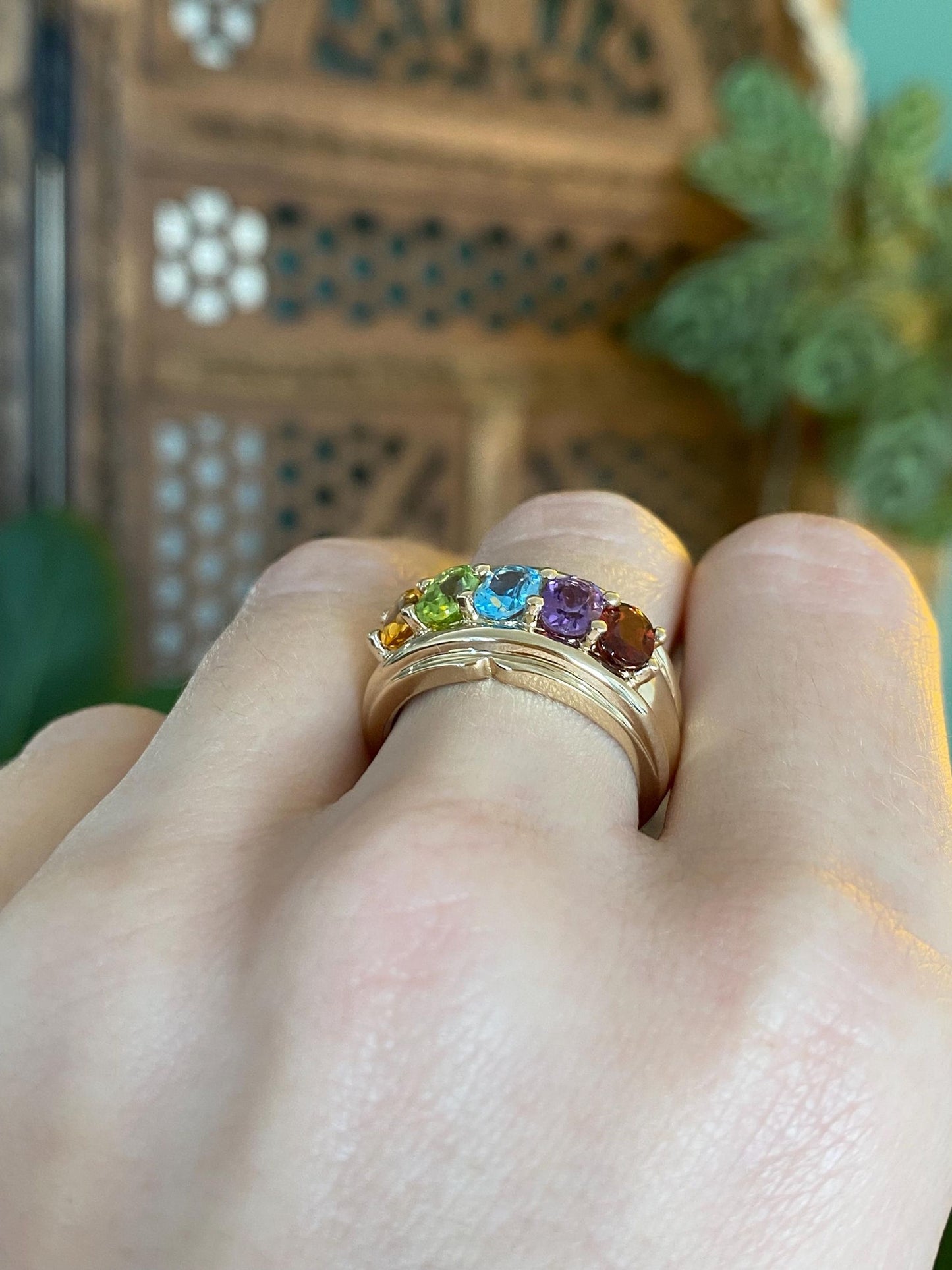 Vintage Solid 14k Yellow Gold Amethyst Topaz Citrine Green Tourmaline Garnet Ring Band - Size 6.75