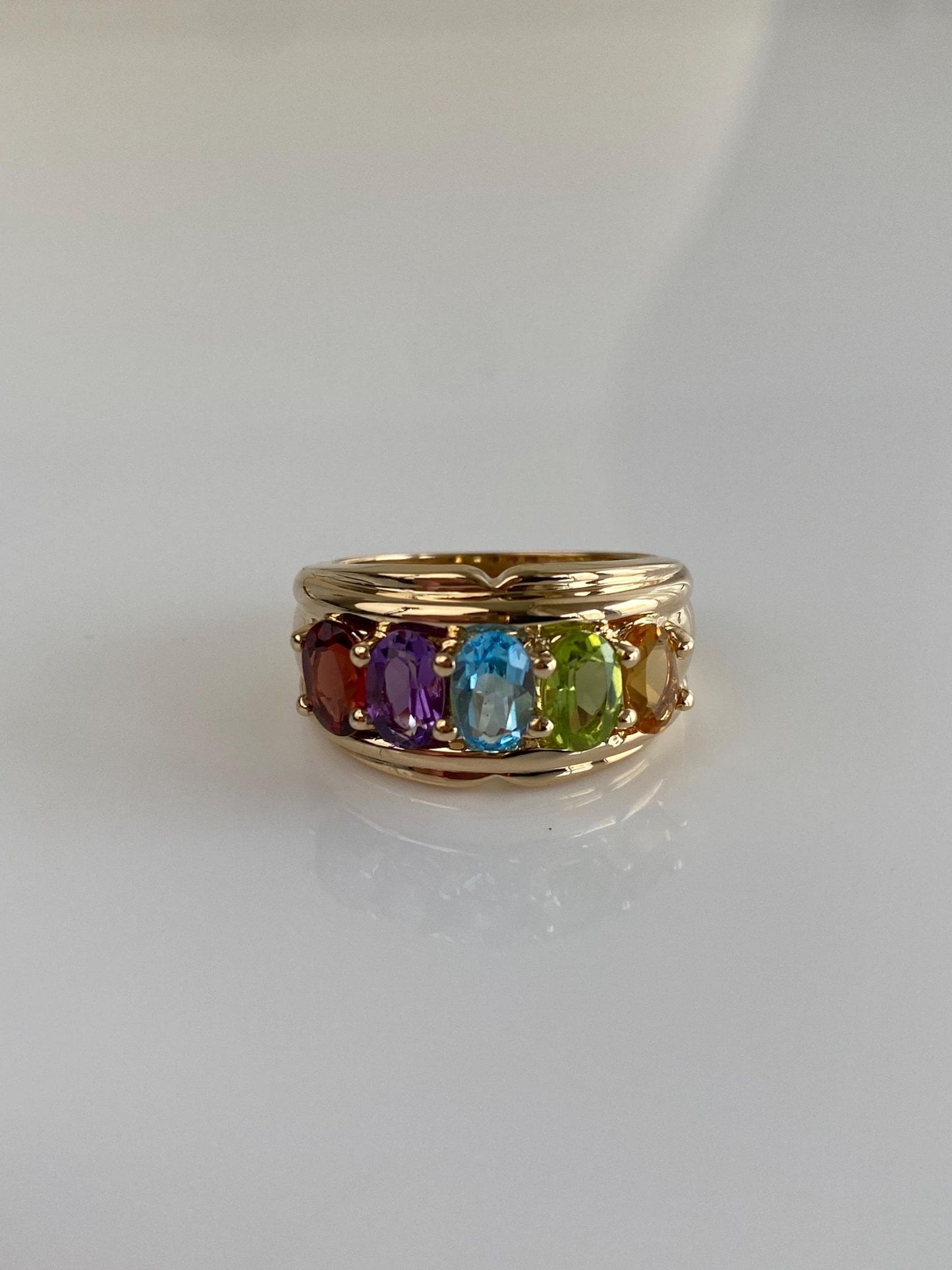 Vintage Solid 14k Yellow Gold Amethyst Topaz Citrine Green Tourmaline Garnet Ring Band - Size 6.75