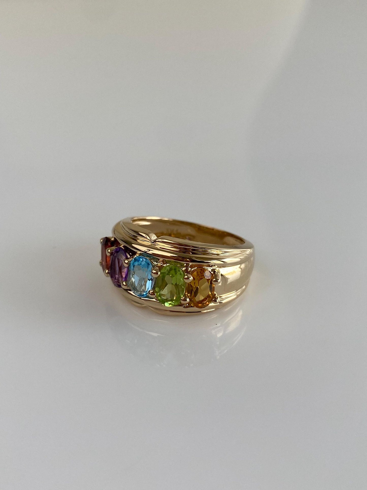 Vintage Solid 14k Yellow Gold Amethyst Topaz Citrine Green Tourmaline Garnet Ring Band - Size 6.75