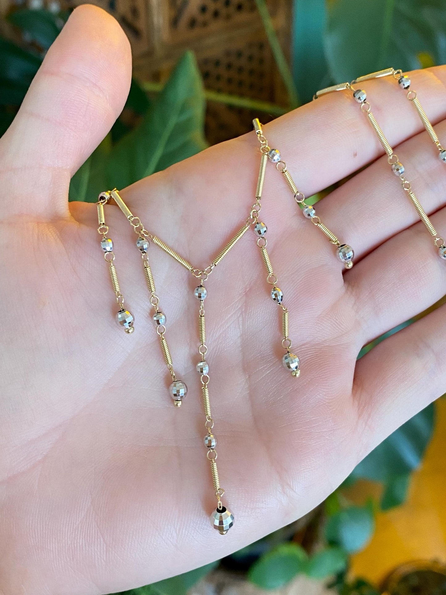 Vintage Solid 14k White & Yellow Gold Faceted Ball Coiled Link Fringe Necklace - 18.25 inches