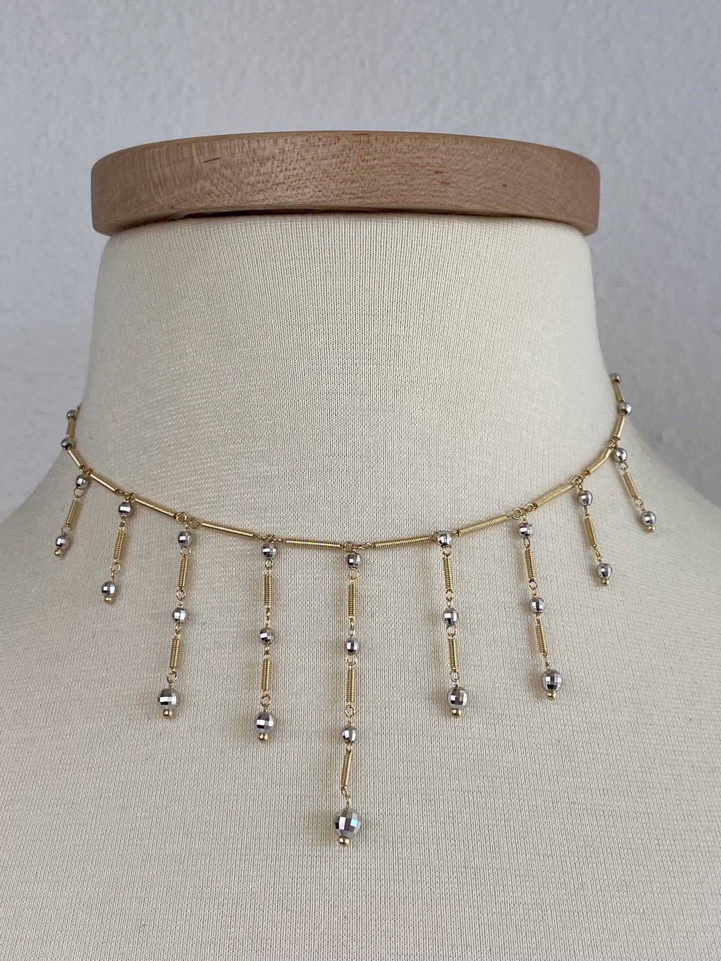 Vintage Solid 14k White & Yellow Gold Faceted Ball Coiled Link Fringe Necklace - 18.25 inches