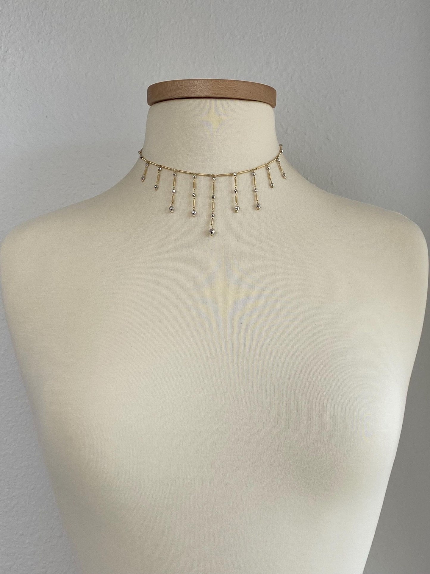 Vintage Solid 14k White & Yellow Gold Faceted Ball Coiled Link Fringe Necklace - 18.25 inches