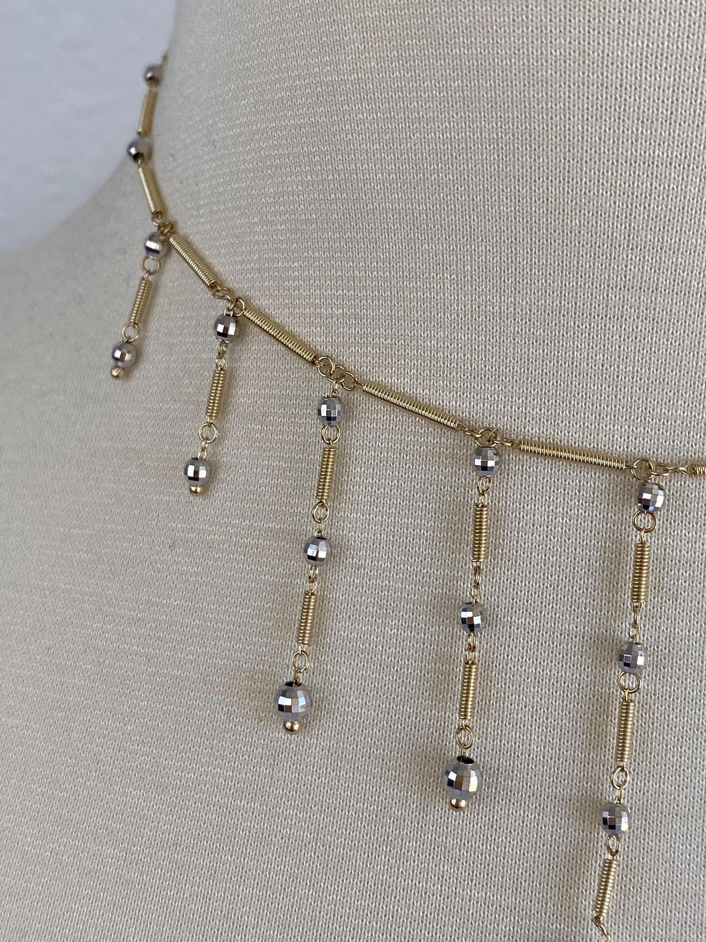 Vintage Solid 14k White & Yellow Gold Faceted Ball Coiled Link Fringe Necklace - 18.25 inches